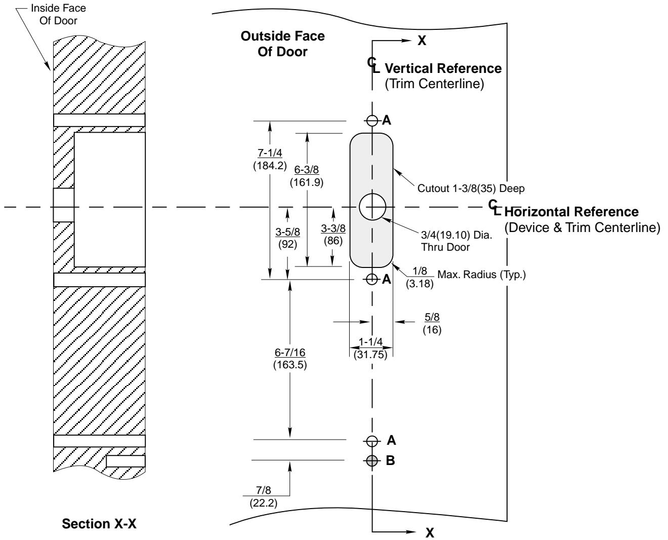 Corbin Russwin 1410, 1455, and 1459 Narrow Escutcheon Trim for ED4200, ED4400, ED4800 Narrow Stile Rim, CVR, SVR…_T30851 diag