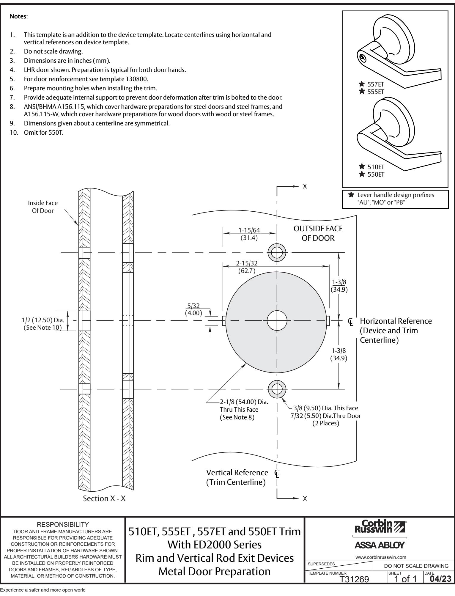 Corbin Russwin 510ET, 555ET, 557ET, and 550ET Trim for Wide Stile Rim, CVR, SVR Metal Door Template_T31269 diagram on page 1