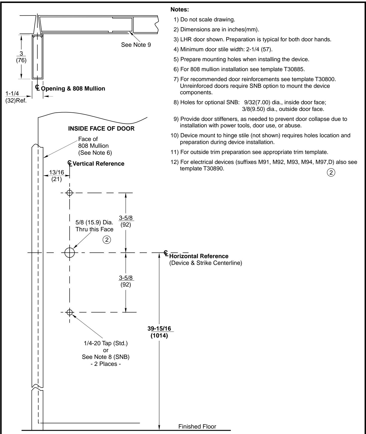 Corbin Russwin 808 Mullion for ED4200 Narrow Stile Rim Pair of Aluminum or Metal Doors Template_T30884 diagram on page 1