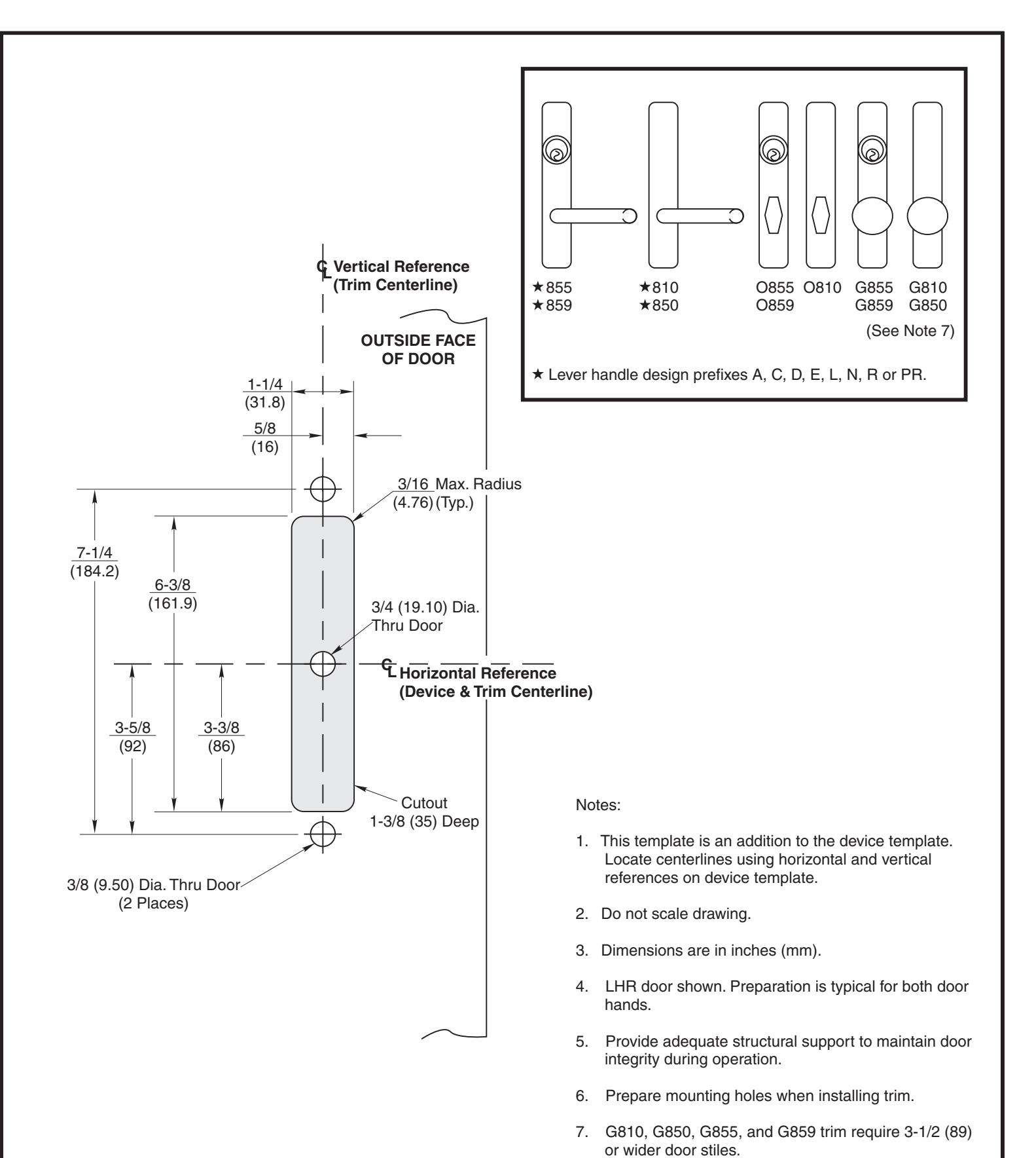 Corbin Russwin 810, 850, 855, and 859 Narrow Escutcheon Trim for ED4200(M), ED4400(M), ED4800(M) Narrow Stile Ri…_T30848 diag