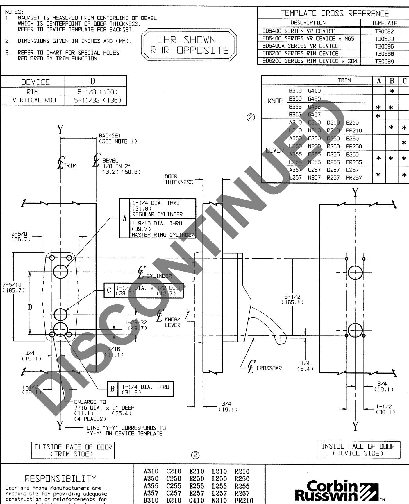 Corbin Russwin A310 and PR257 Trim Template_T30599 diagram on page 1