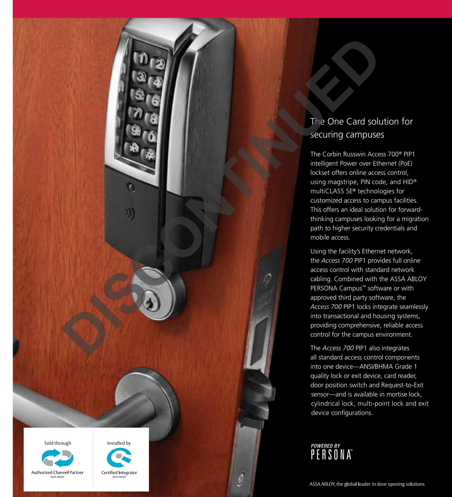 Corbin Russwin Access 700 Series PIP1 PoE Campus Access Control Lockset Sell Sheet_45182 diagram on page 1
