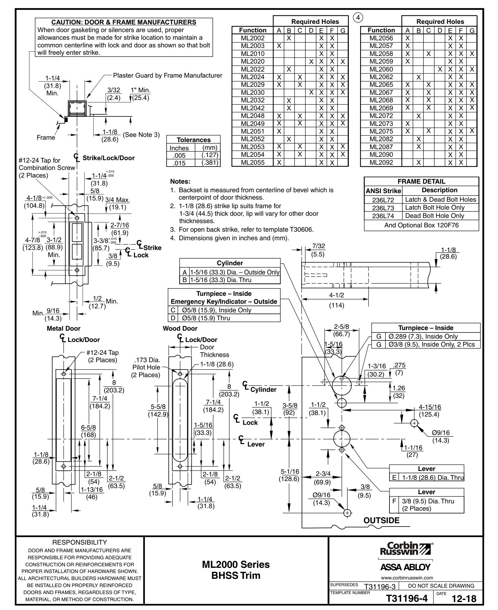Corbin Russwin BHSS Trim for ML2000 Series Template_T31196 diagram on page 1