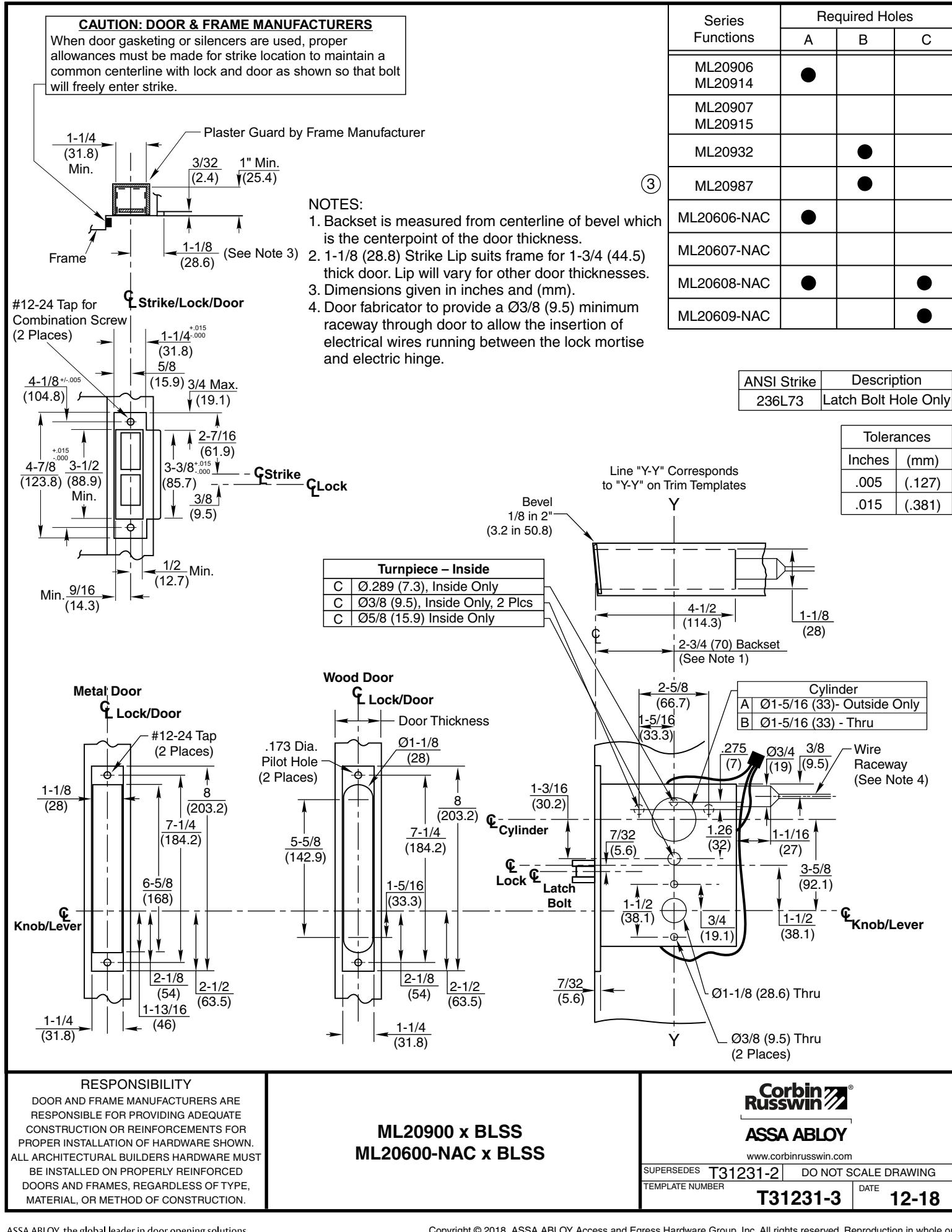 Corbin Russwin BLSS Trim for ML20600 (NAC) and ML20900 Series Template_T31231 diagram on page 1