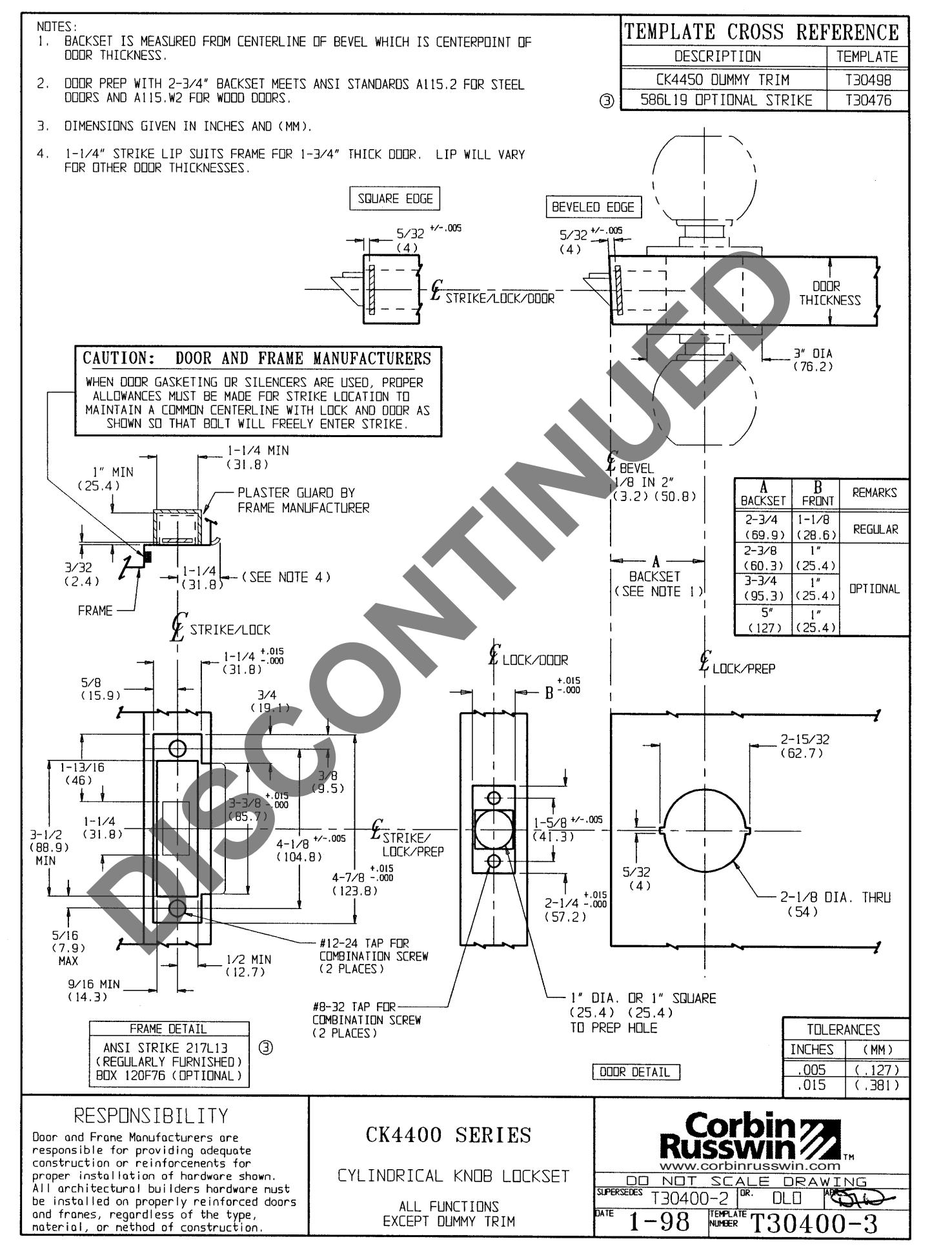 Corbin Russwin CK4400 Series Template_T30400 diagram on page 1
