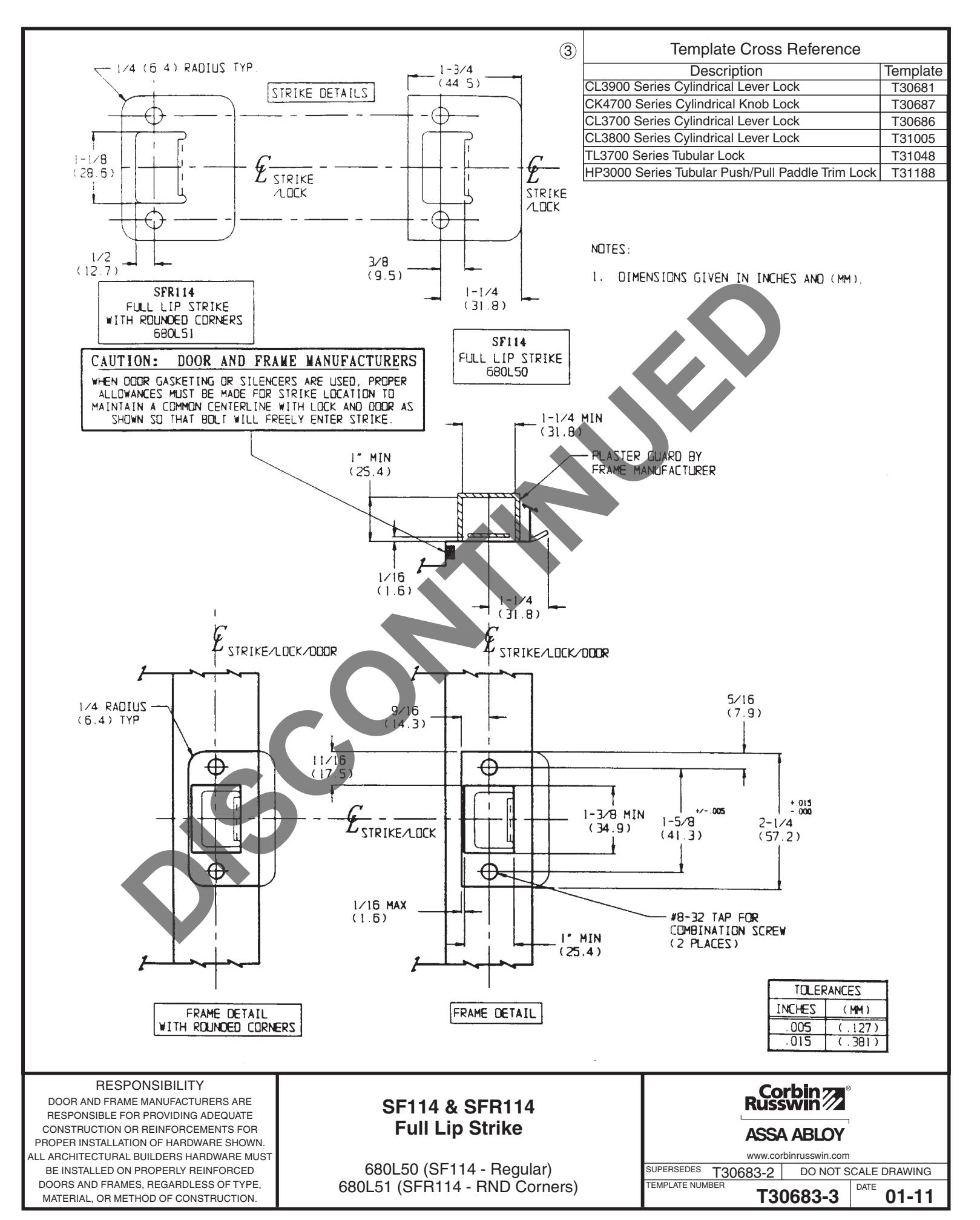 Corbin Russwin CK4700 Series SF114 and SFR114 Strike Template_T30683 diagram on page 1