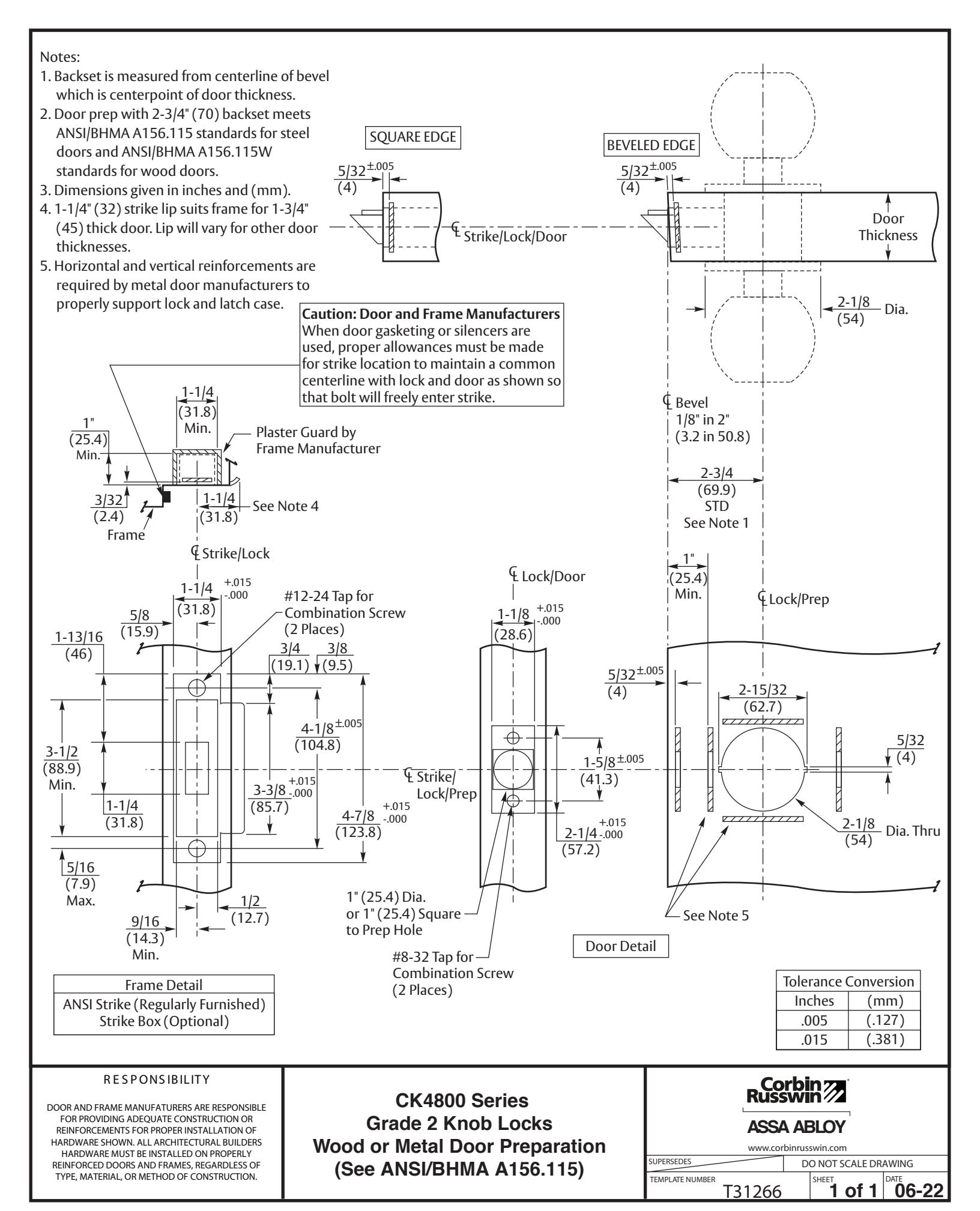 Corbin Russwin CK4800 Series Cylindrical Locks Wood or Metal Doors (see ANSI, BHMA A156.115) Template_T31266 diagram on page 