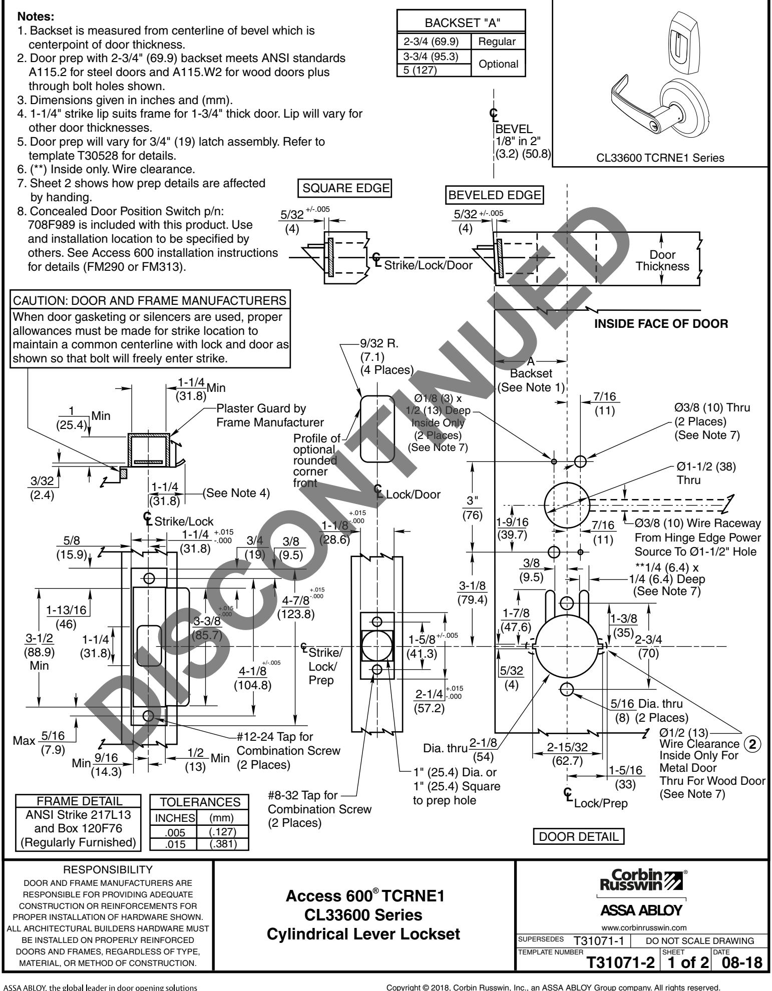 Corbin Russwin CL33600 Series Template_T31071 diagram on page 1