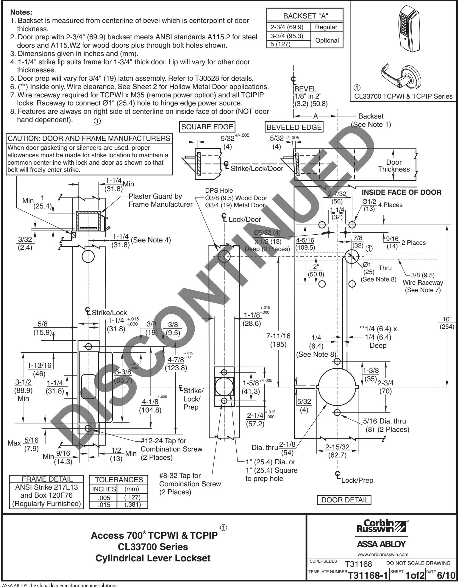 Corbin Russwin CL33700 Series Template_T31168 diagram on page 1