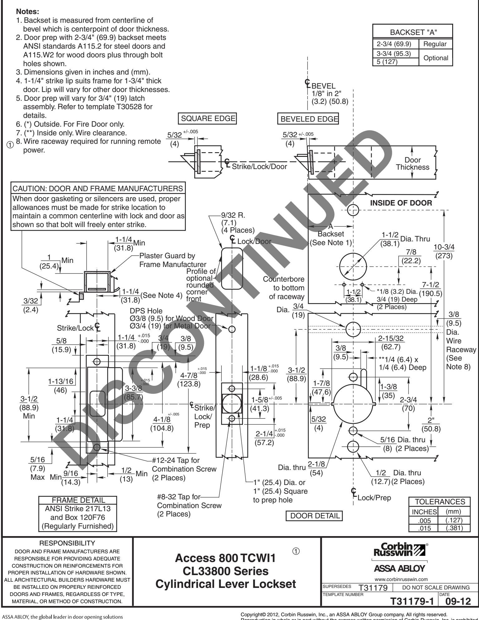 Corbin Russwin CL33800 Series Template_T31179 diagram on page 1