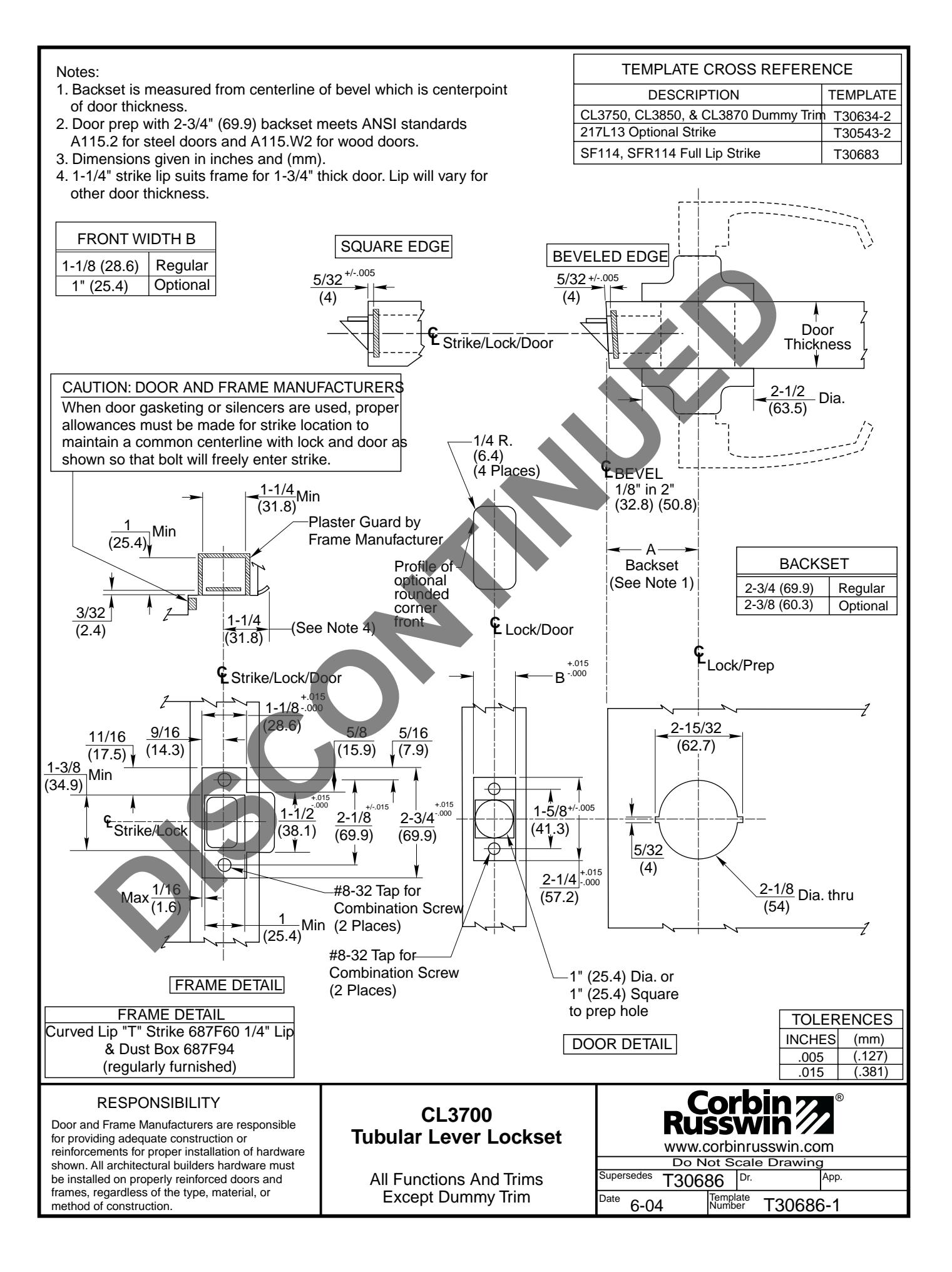 Corbin Russwin CL3700 Series Template_T30686 diagram on page 1