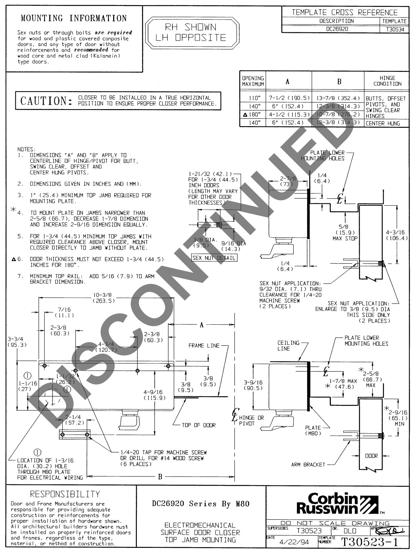 Corbin Russwin DC26900 Series DC26920 Electromechanical Surface Door Closers Top Jamb Mounting M80 Option Templa…_T30523 diag