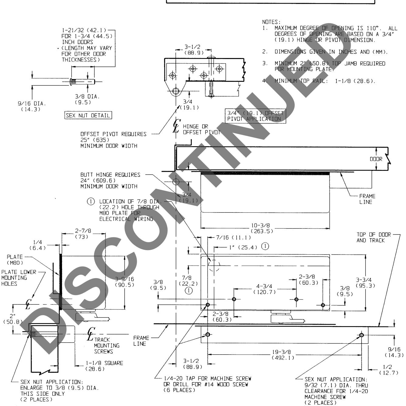 Corbin Russwin DC26900 Series DC26930 Electromechanical Surface Door Closers Track Mounting M80 Option Template_T30524 diagra