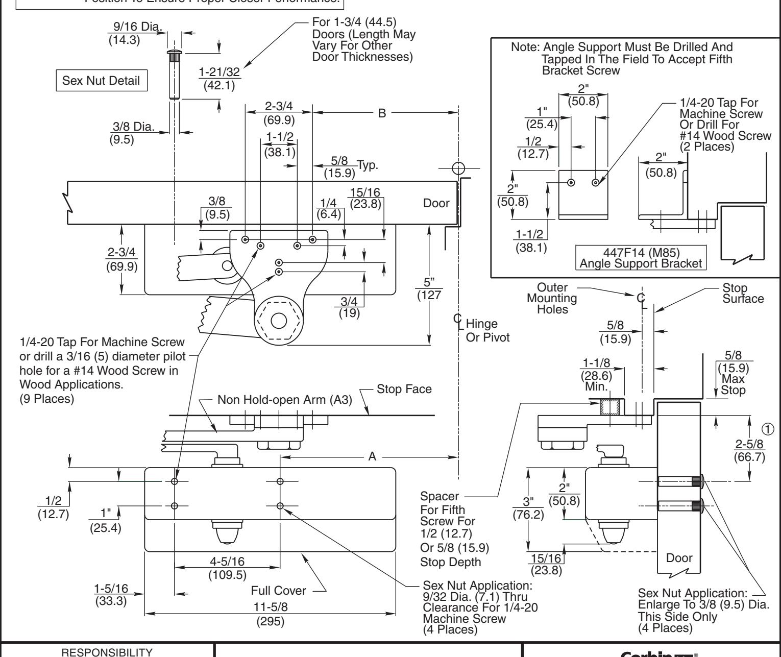 Corbin Russwin DC6000 Series DC6210, DC6410 Surface Door Closer with A3 Arm Parallel Arm Mounting Template_T30716 diagram on 