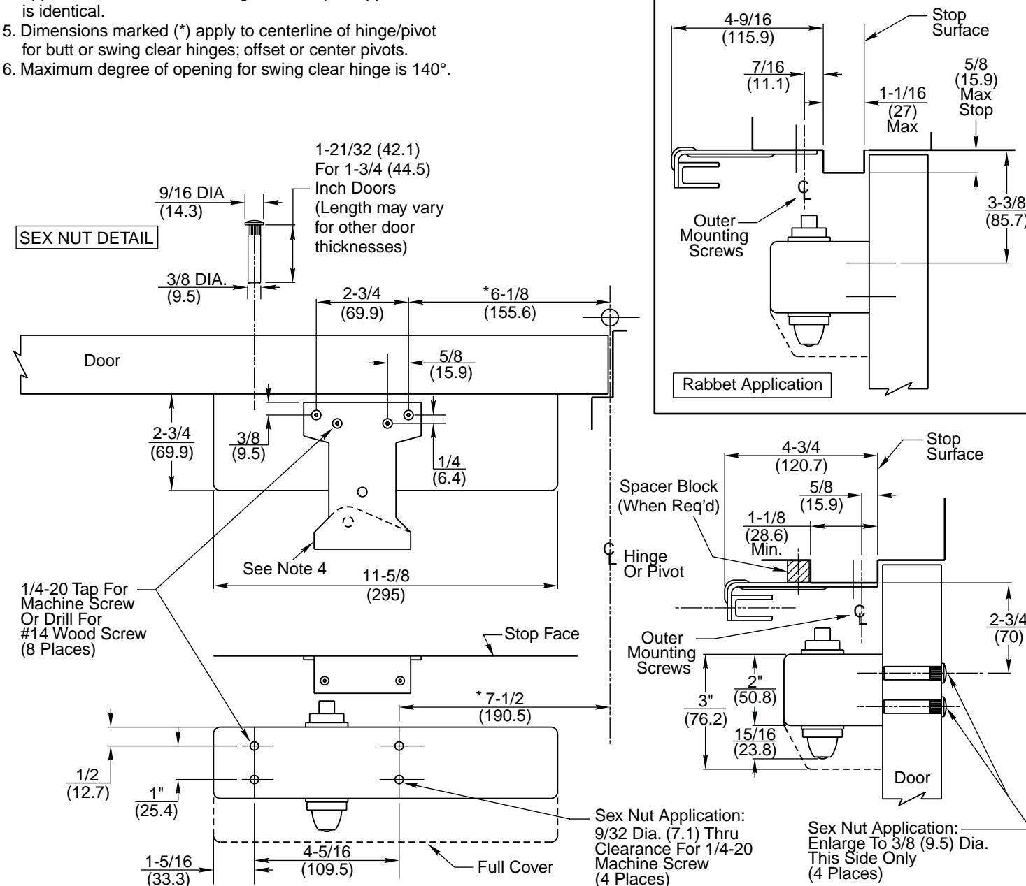 Corbin Russwin DC6000 Series DC6210, DC6410 Surface Door Closer with or without A1 Arm Parallel Arm Mounting Tem…_T30713 diag