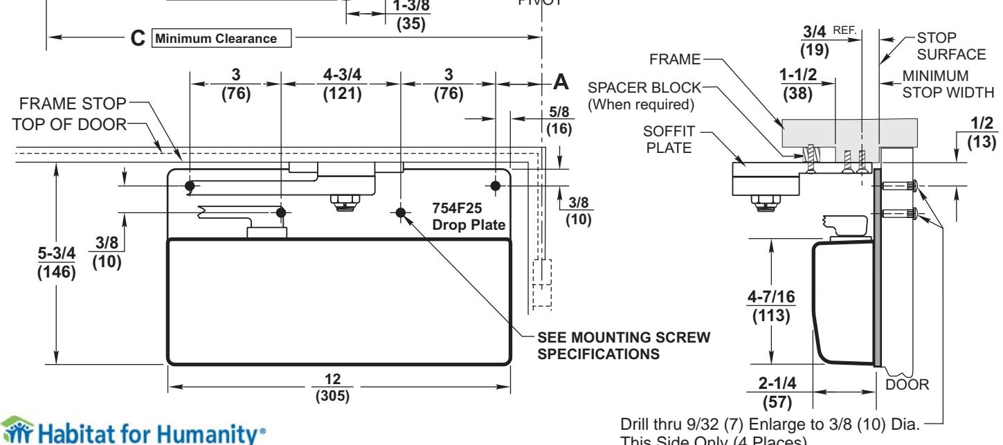 Corbin Russwin DC8000 Series DC8210 Surface Door Closer with A14 Arm Parallel Arm Mounting 754F25 Plate Template_T31066 diagr