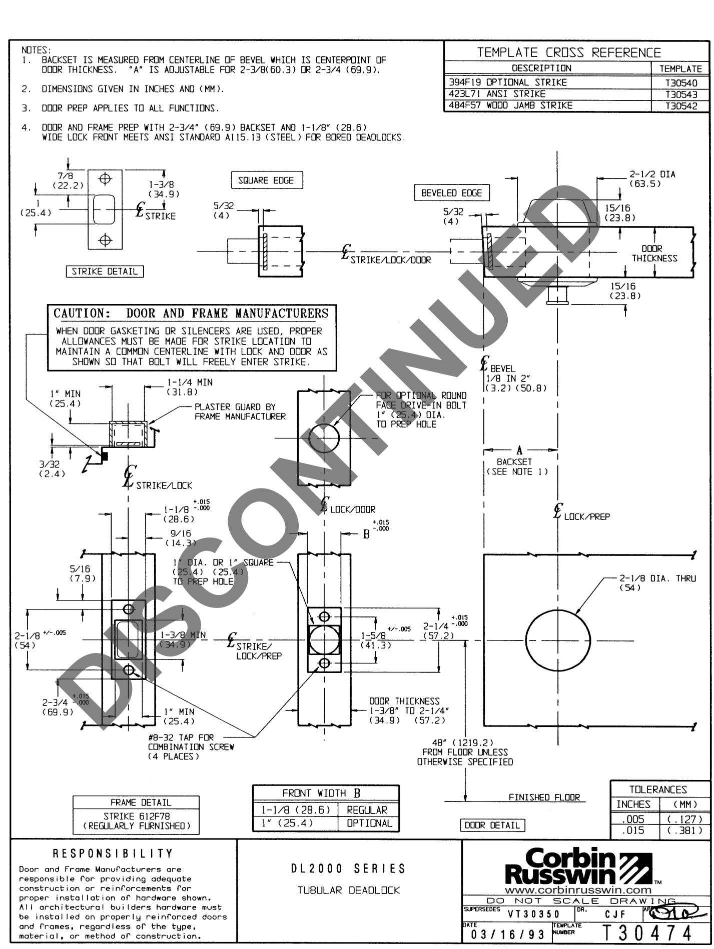 Corbin Russwin DL2000 Series Tubular Deadlock Template_T30474 diagram on page 1