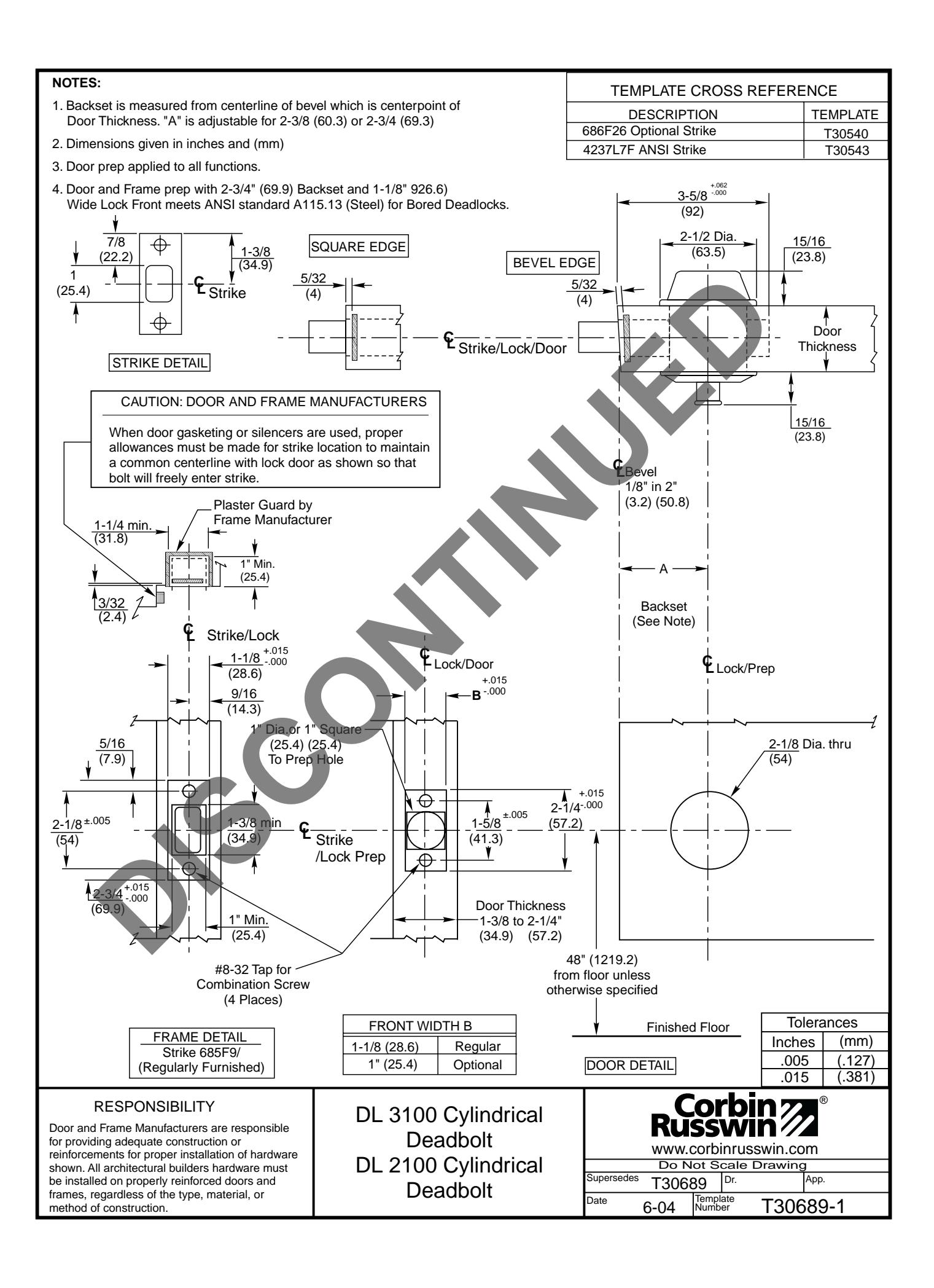 Corbin Russwin DL2100 and DL3100 Series Deadbolts Template_T30689 diagram on page 1