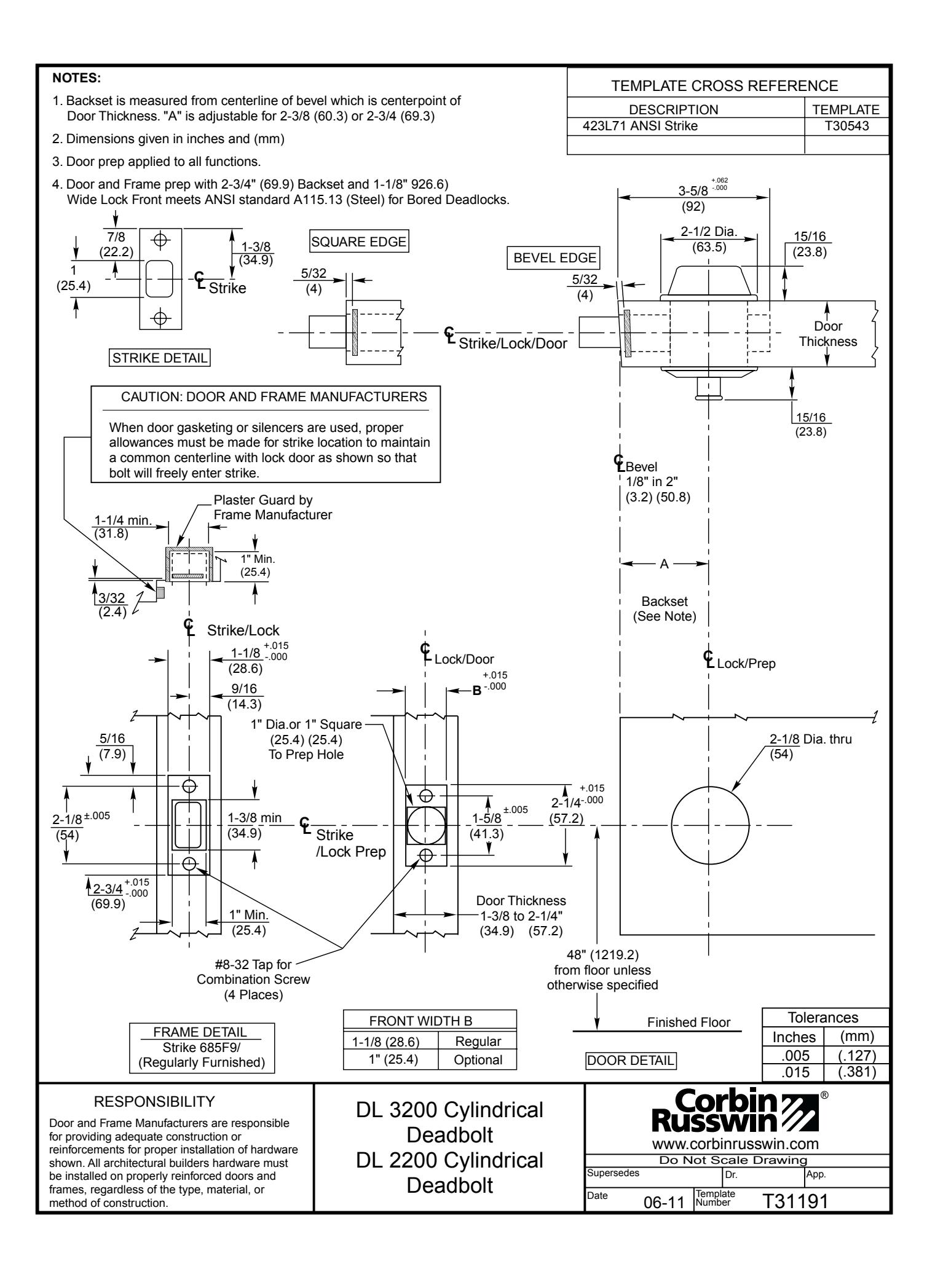 Corbin Russwin DL2200 and DL3200 Series Deadbolts Template_T31191 diagram on page 1