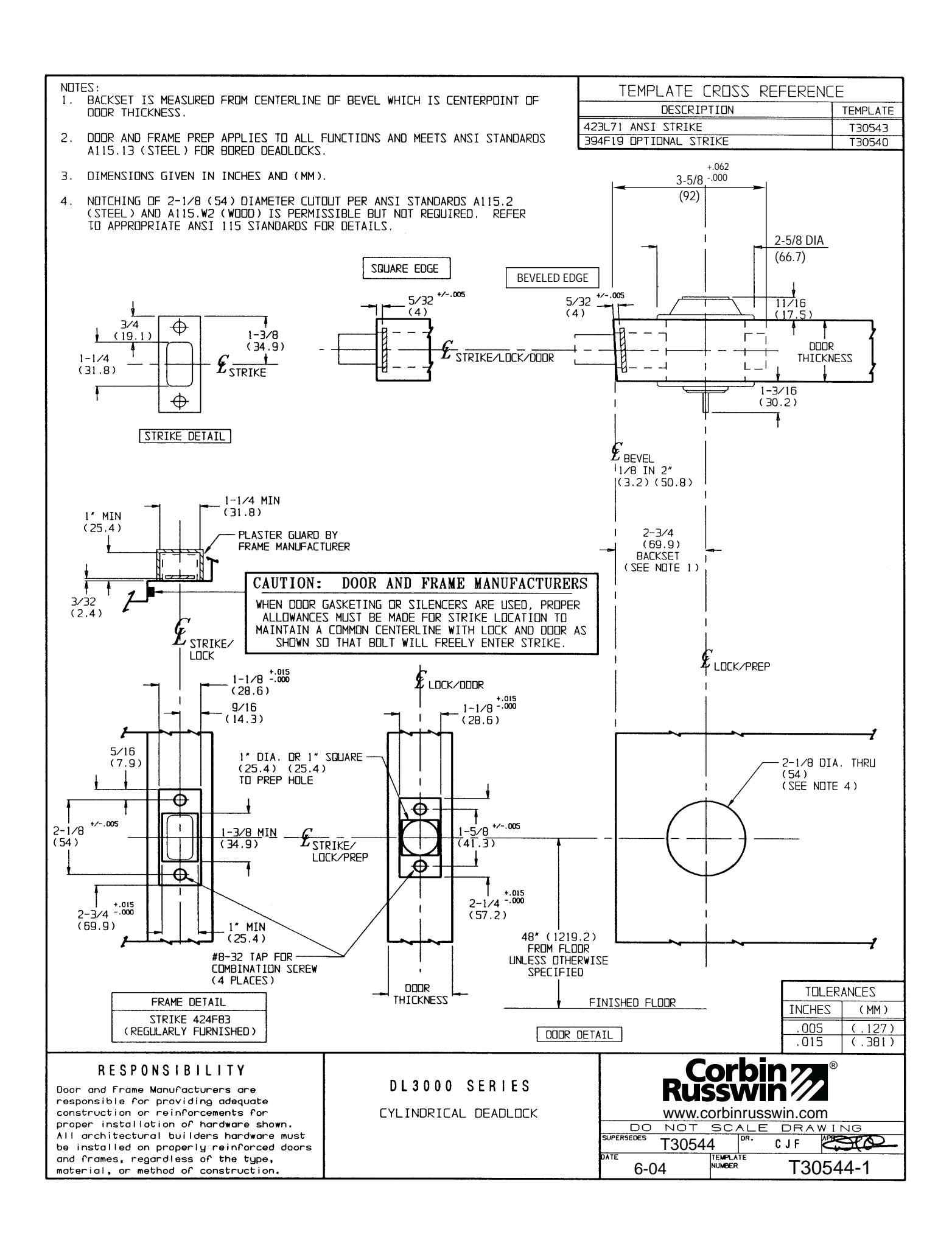 Corbin Russwin DL3000 Series Deadbolts Template_T30544 diagram on page 1