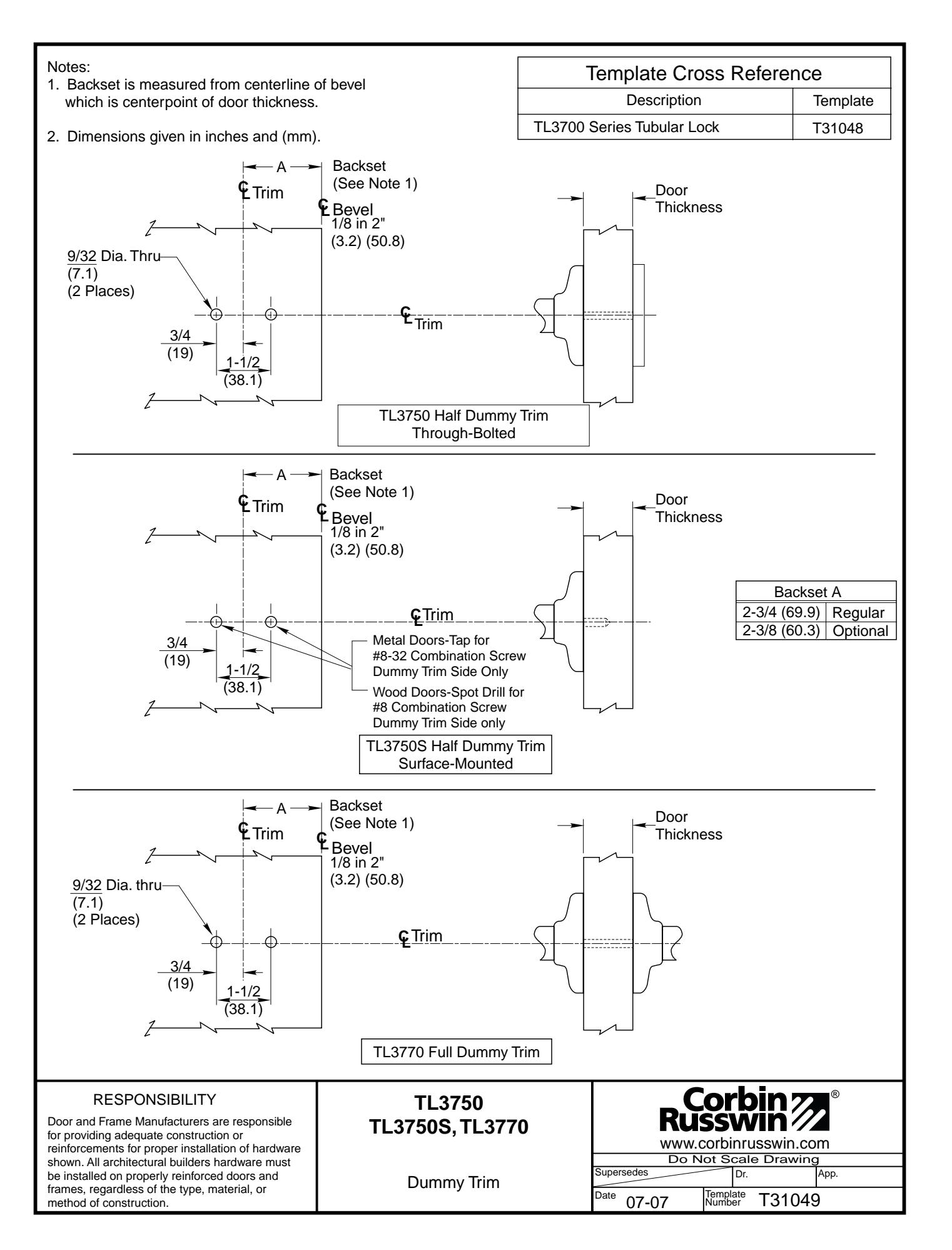 Corbin Russwin Dummy Trim for TL3700 Series 50(S) and 70 Functions Template_T31049 diagram on page 1