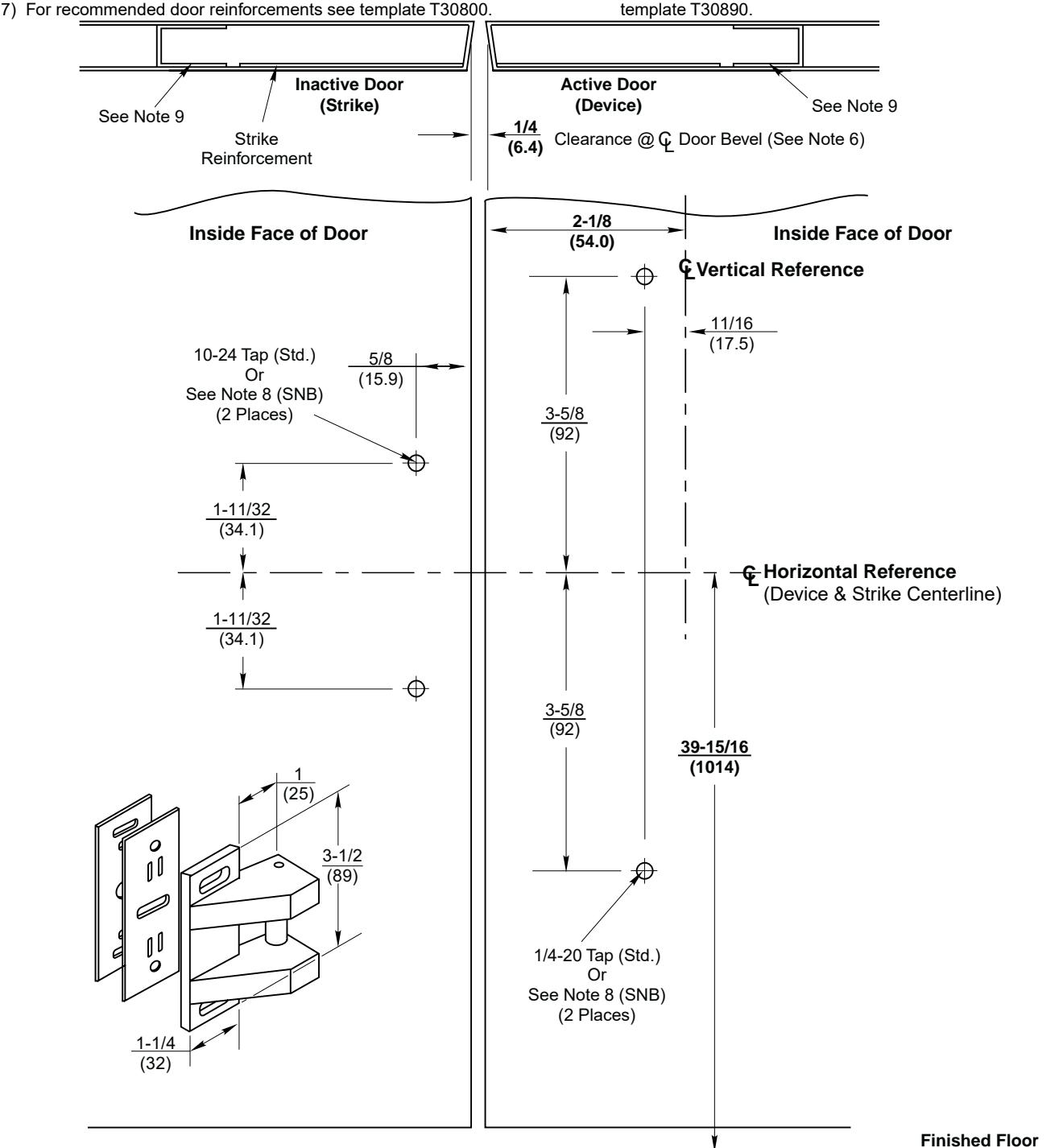 Corbin Russwin ED2200, ED5200 Narrow and Wide Stile Rim S02 Strike Pair of Metal Doors without Mullion Template_T30888 diagra