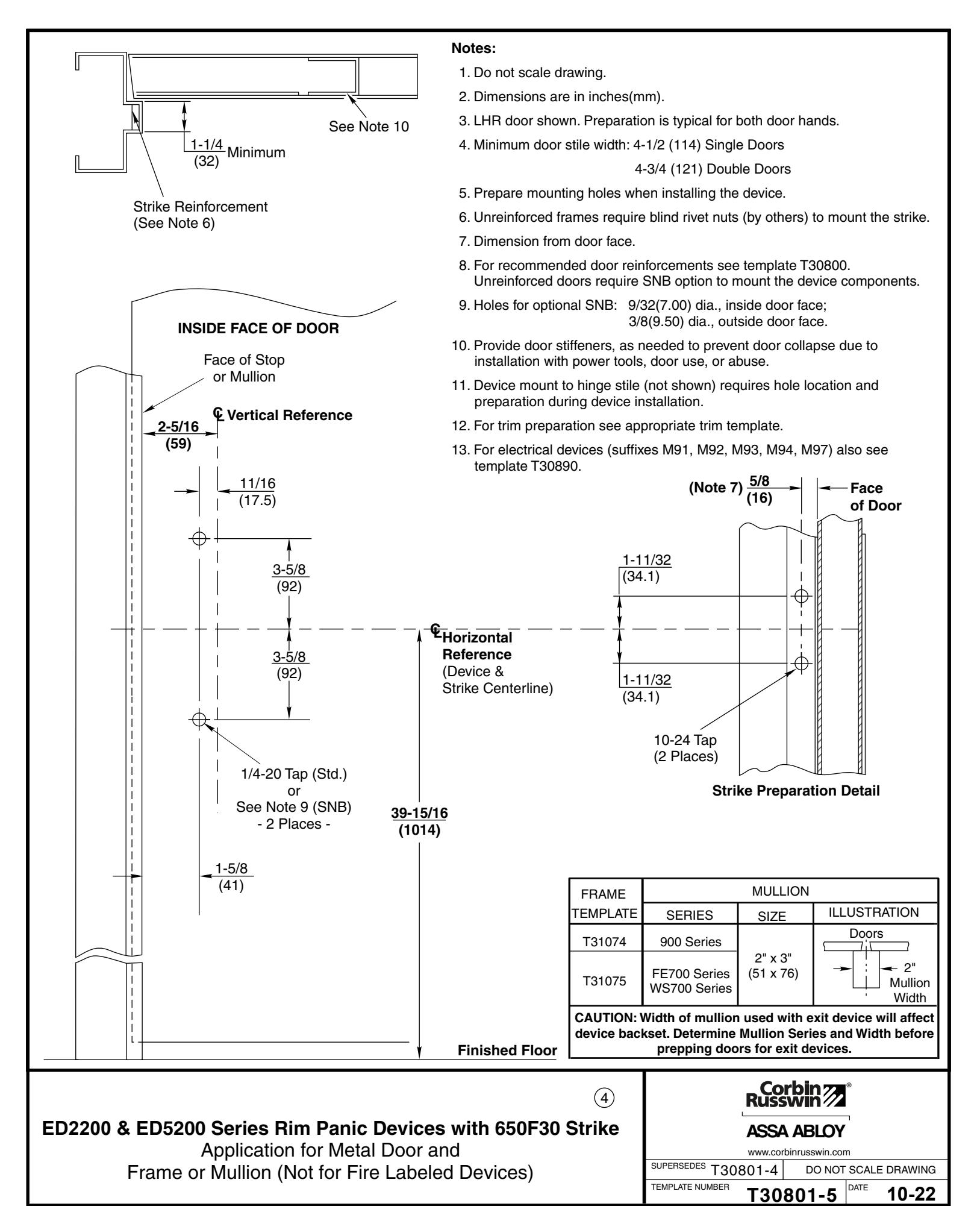 Corbin Russwin ED2200, ED5200 Wide Stile Rim 650F30 Strike Metal Door and Frame or Mullion Template_T30801 diagram on page 1