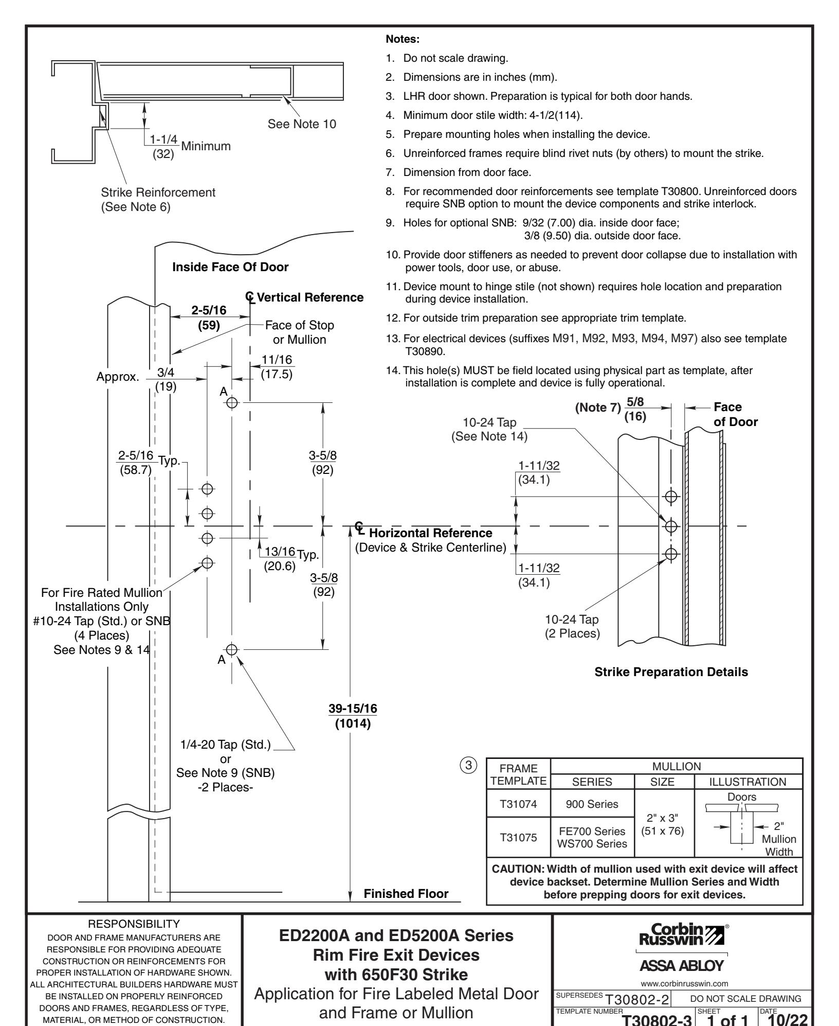 Corbin Russwin ED2200A, ED5200A Wide Stile Rim 650F30 Strike Metal Door and Frame or Mullion Template_T30802 diagram on page 