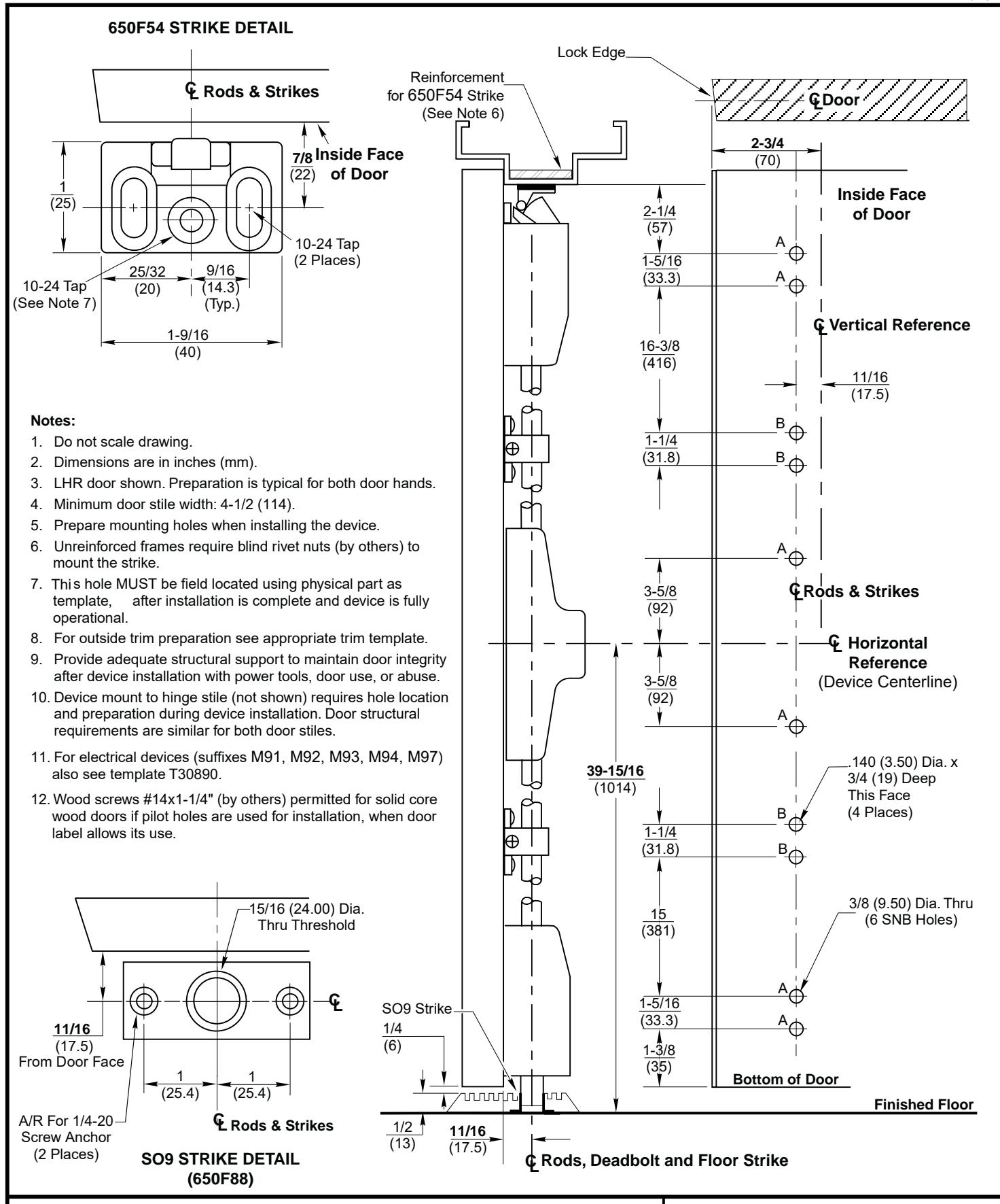 Corbin Russwin ED2400(A), ED5400(A) Narrow and Wide Stile SVR S09 Floor Strike Optional SNB Wood or Composite Do…_T30838 diag