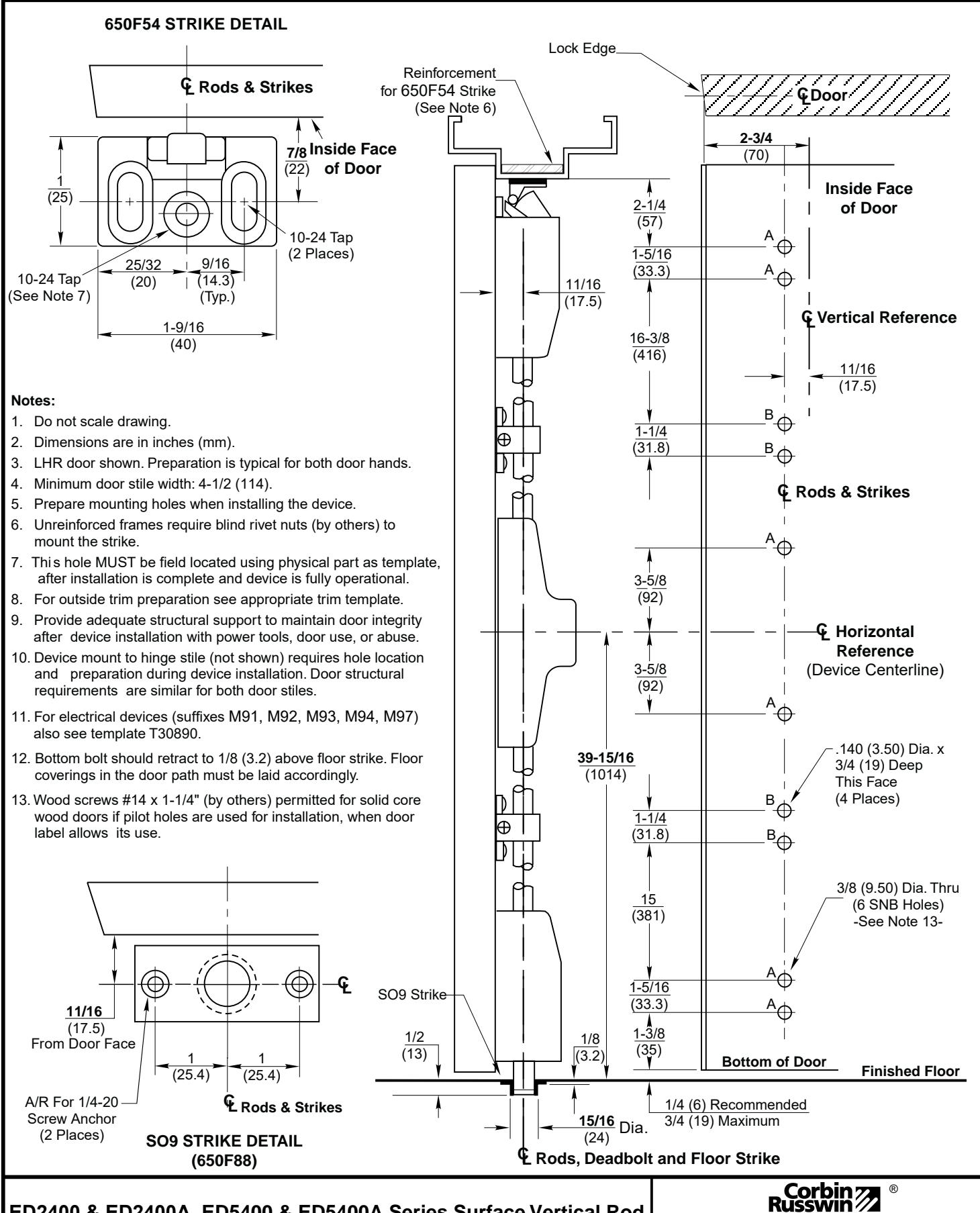 Corbin Russwin ED2400(A), ED5400(A) Narrow and Wide Stile SVR S09 Floor Strike Optional SNB Wood or Composite Do…_T30839 diag