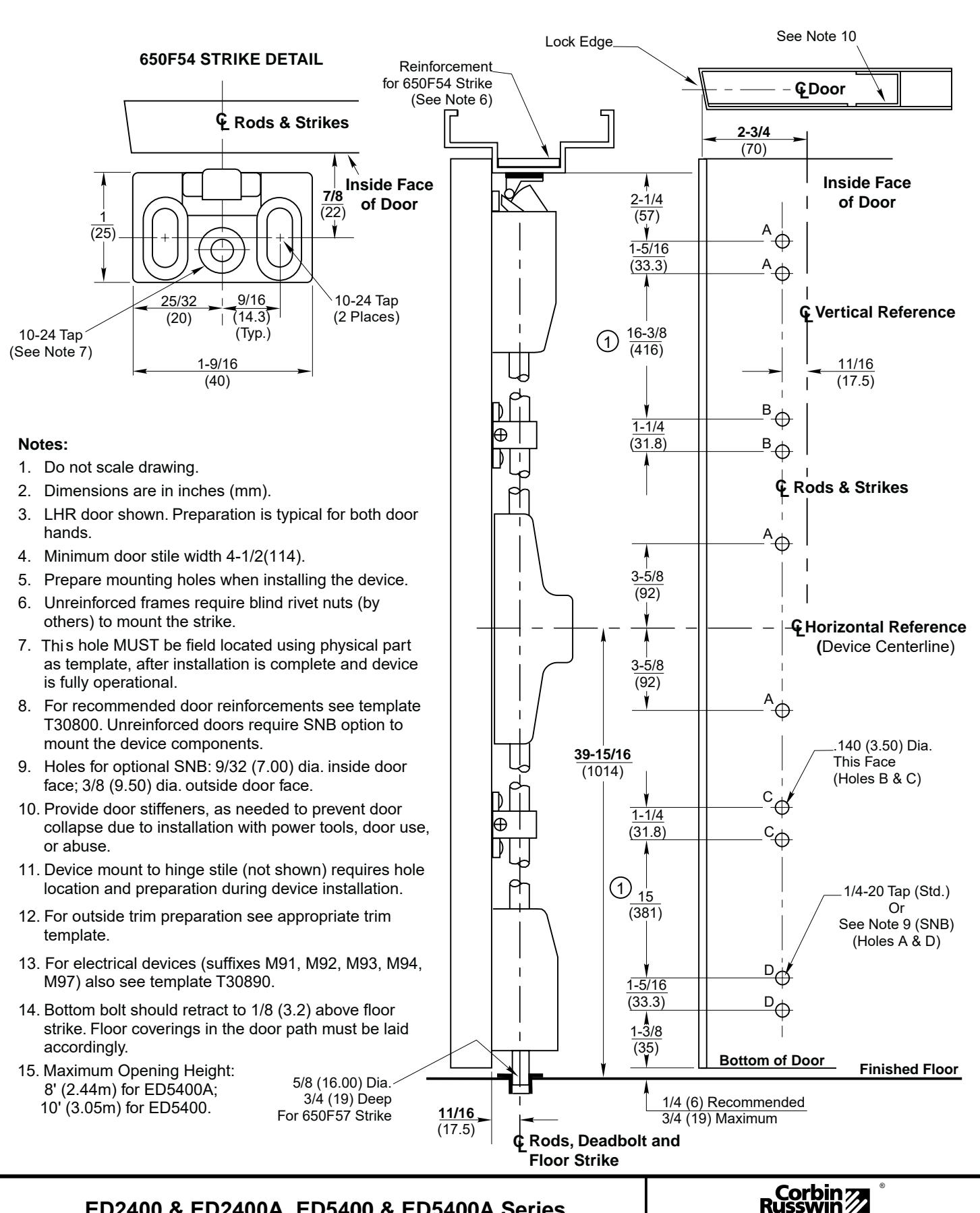 Corbin Russwin ED2400(A), ED5400(A) Wide Stile SVR Metal Door Template_T30803 diagram on page 1