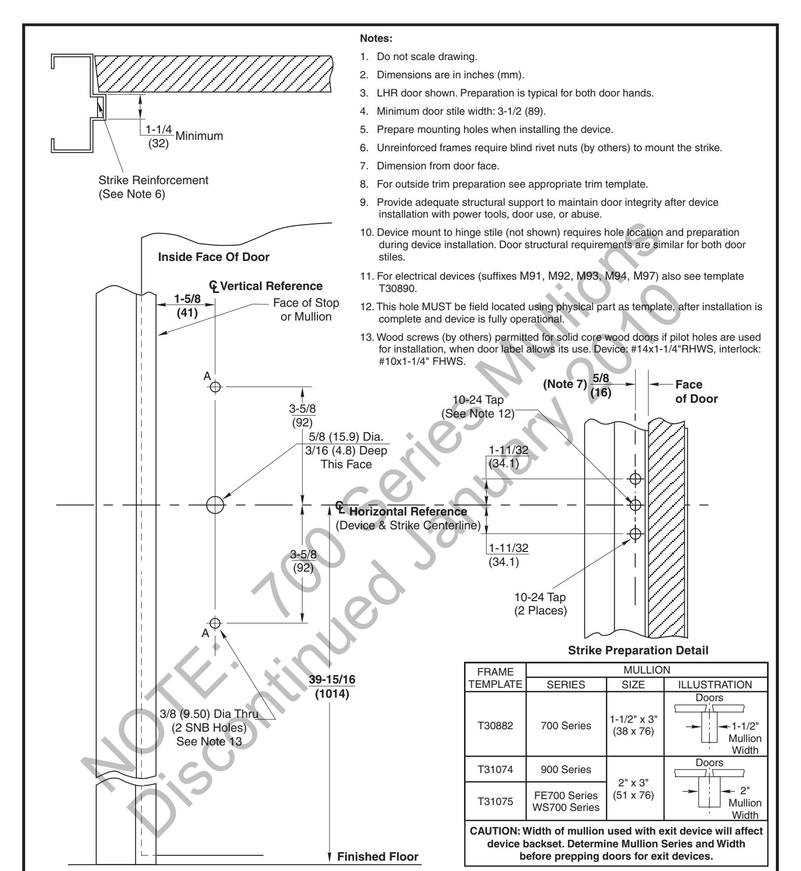 Corbin Russwin ED4200M Narrow Stile Rim 650F30 Strike Wood or Composite Door and H.M. Frame or Mullion Template_T31099 diagra