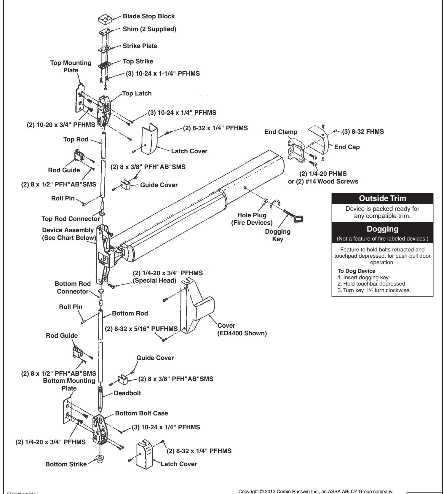Corbin Russwin ED4400 Series Surface Vertical Rod Installation Instructions diagram on page 1