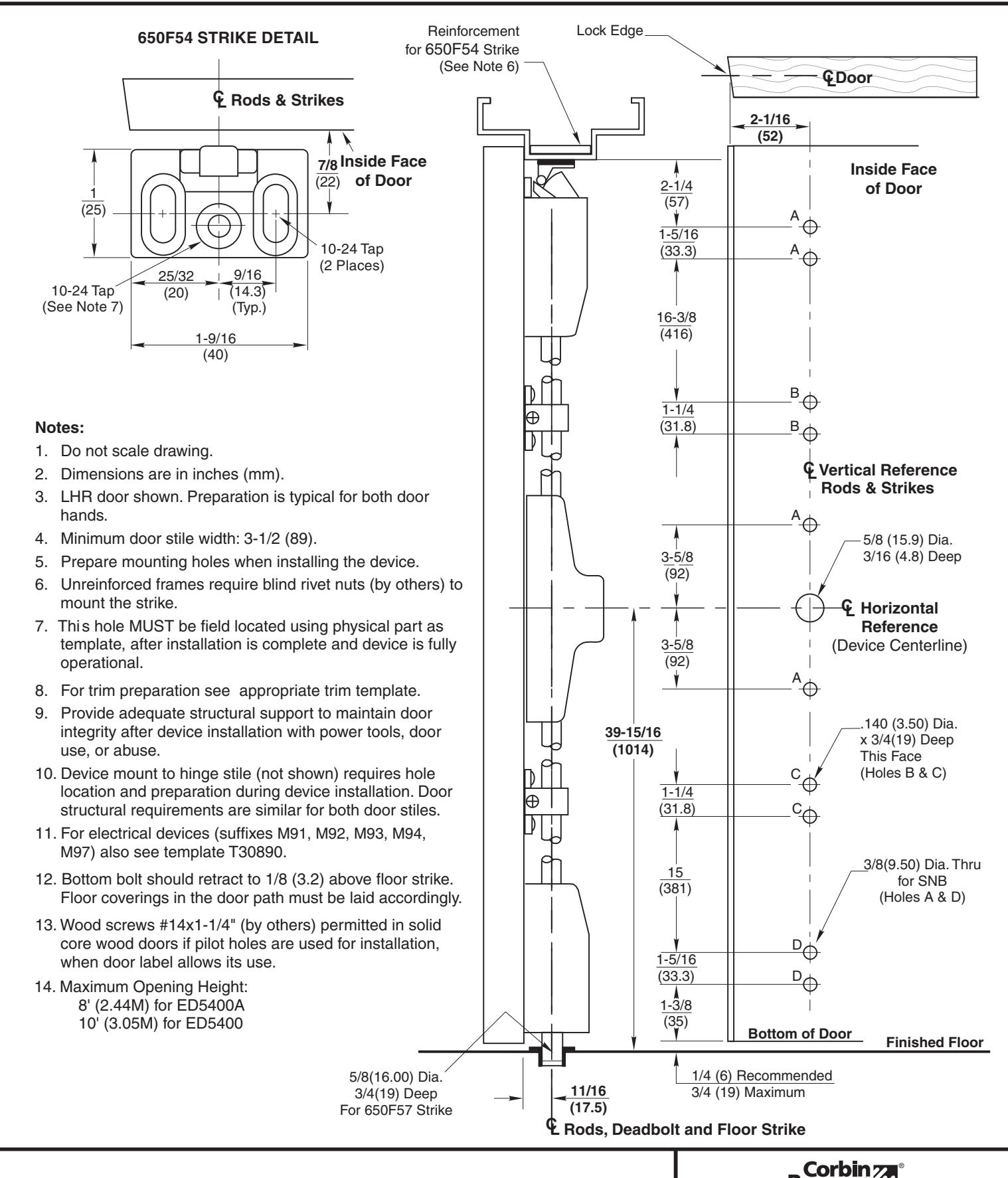 Corbin Russwin ED4400M(A) Narrow Stile SVR Wood or Composite Door and H.M. Frame Template_T31158 diagram on page 1