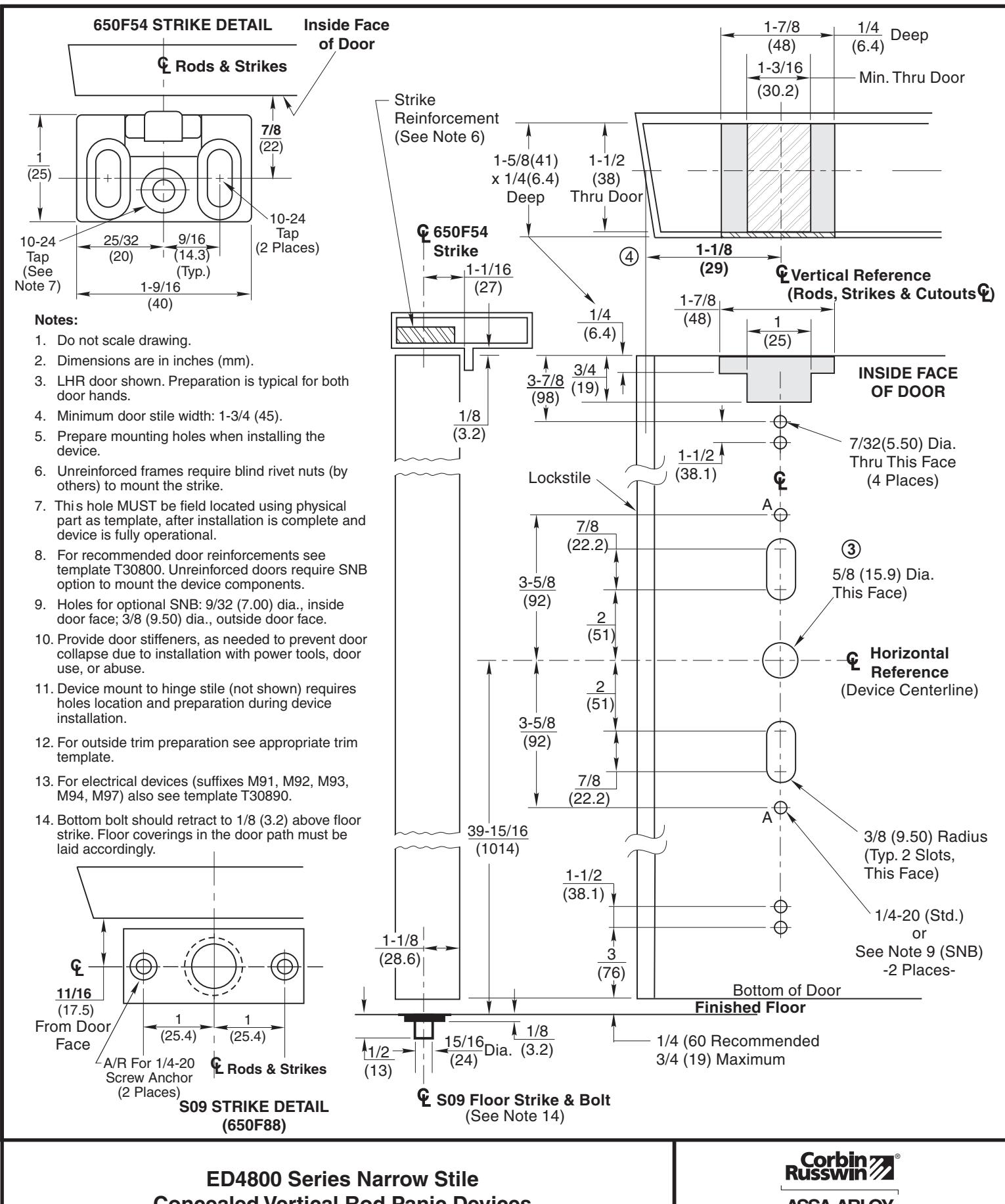 Corbin Russwin ED4800 Narrow Stile CVR S09 Floor Strike Aluminum Door and Blade Stop Frame Template_T30880 diagram on page 1