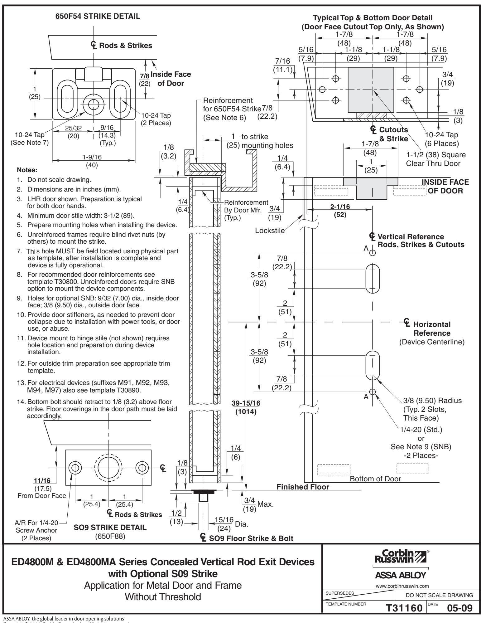 Corbin Russwin ED4800M(A) Narrow Stile CVR S09 Strike Metal Door and Frame without Threshold Template_T31160 diagram on page 
