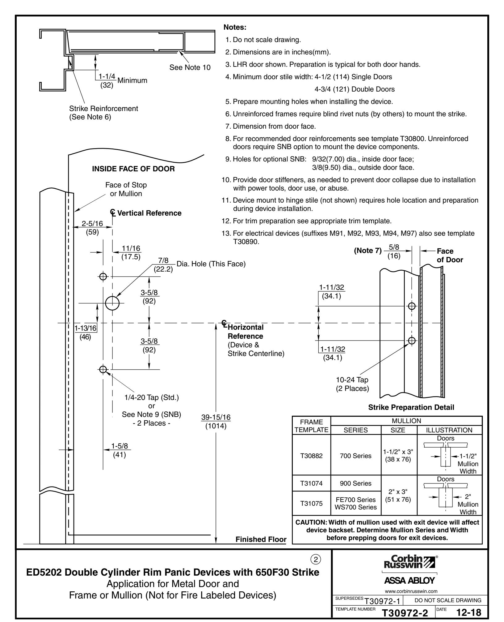 Corbin Russwin ED5202 Wide Stile Rim 650F30 Strike Double Cylinder Metal Door and Frame or Mullion Template_T30972 diagram on