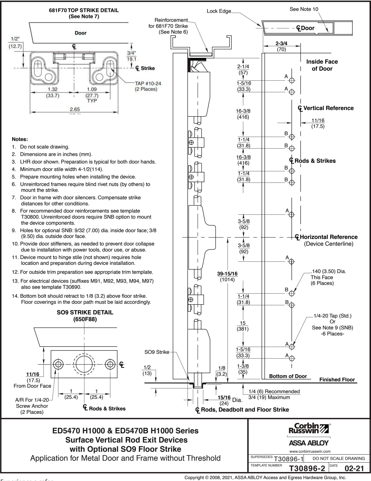 Corbin Russwin ED5470(B) H1000 Wide Stile SVR S09 Floor Strike Metal Door and Frame without Threshold Template_T30896 diagram