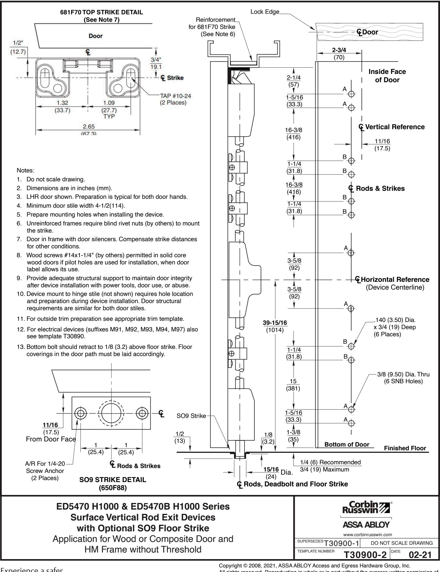Corbin Russwin ED5470(B) H1000 Wide Stile SVR S09 Floor Strike Wood or Composite Door and H.M. Frame without Thr…_T30900 diag