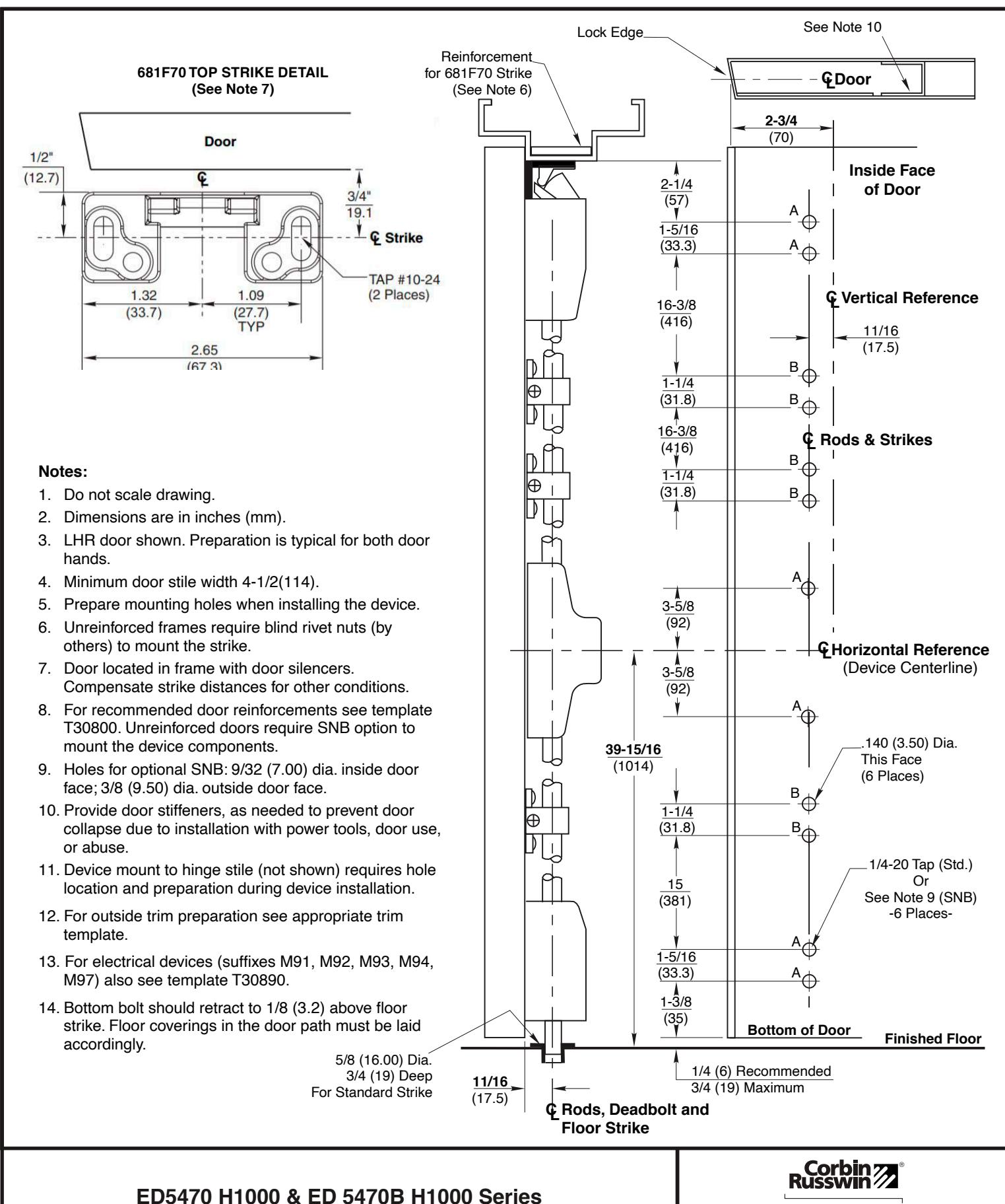 Corbin Russwin ED5470(B) H1000 Wide Stile SVR Standard Floor Strike Metal Door and Frame Template_T30894 diagram on page 1