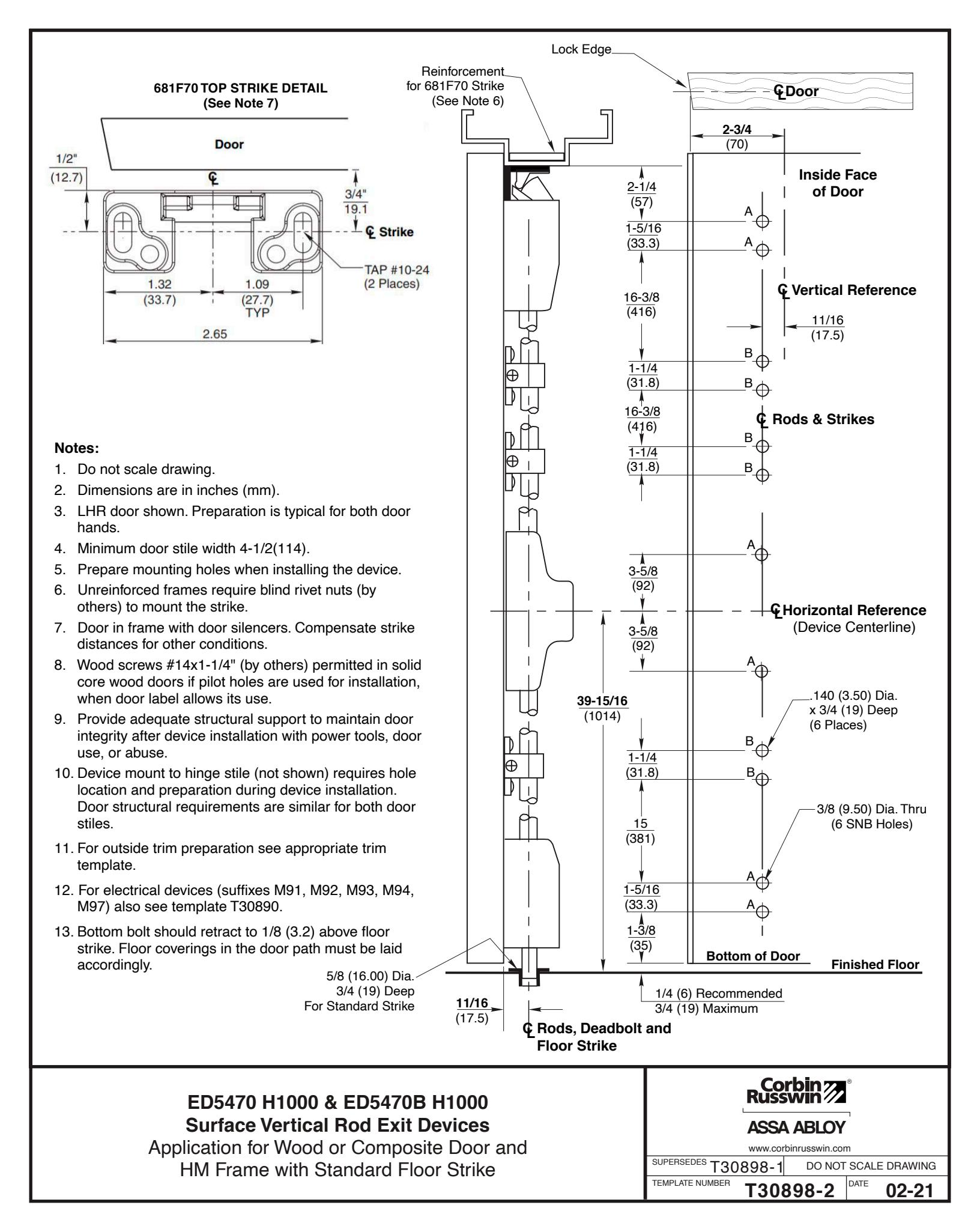 Corbin Russwin ED5470(B) H1000 Wide Stile SVR Standard Floor Strike Wood or Composite Door and H.M. Frame Templa…_T30898 diag