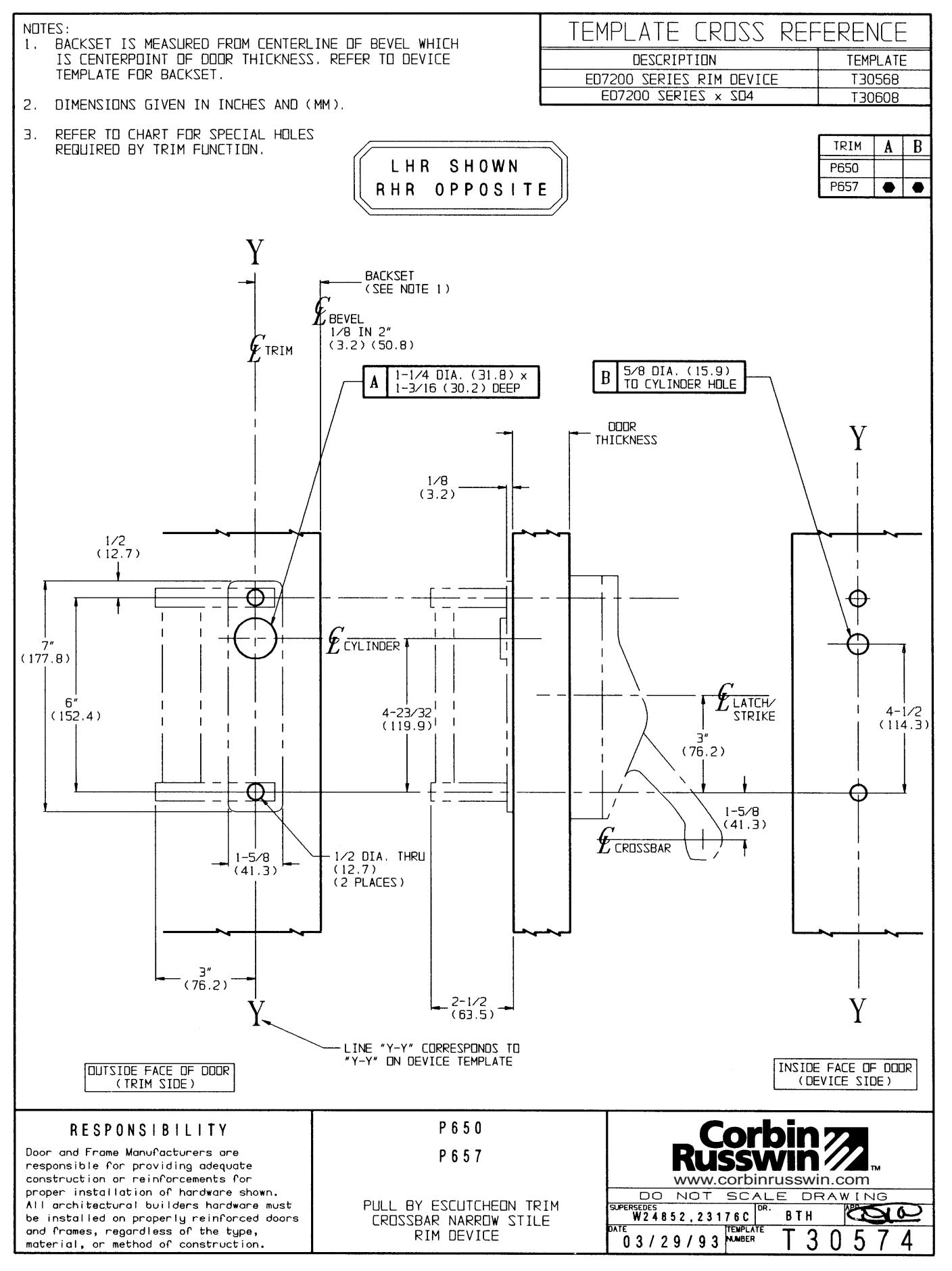 Corbin Russwin ED7200 Narrow Stile Rim P650 and P657 Trim, Functions Template_T30574 diagram on page 1