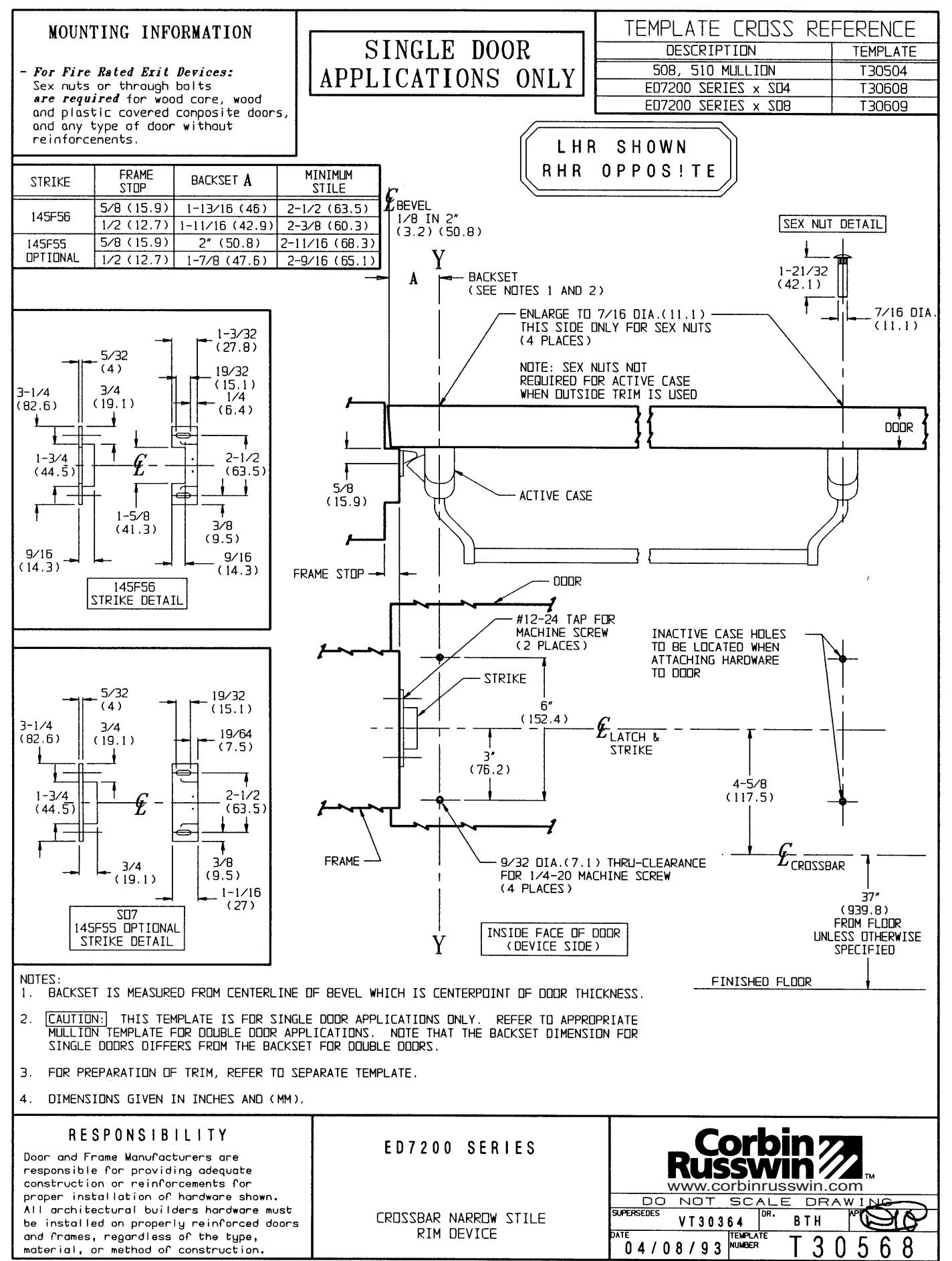 Corbin Russwin ED7200 Narrow Stile Rim Template_T30568 diagram on page 1