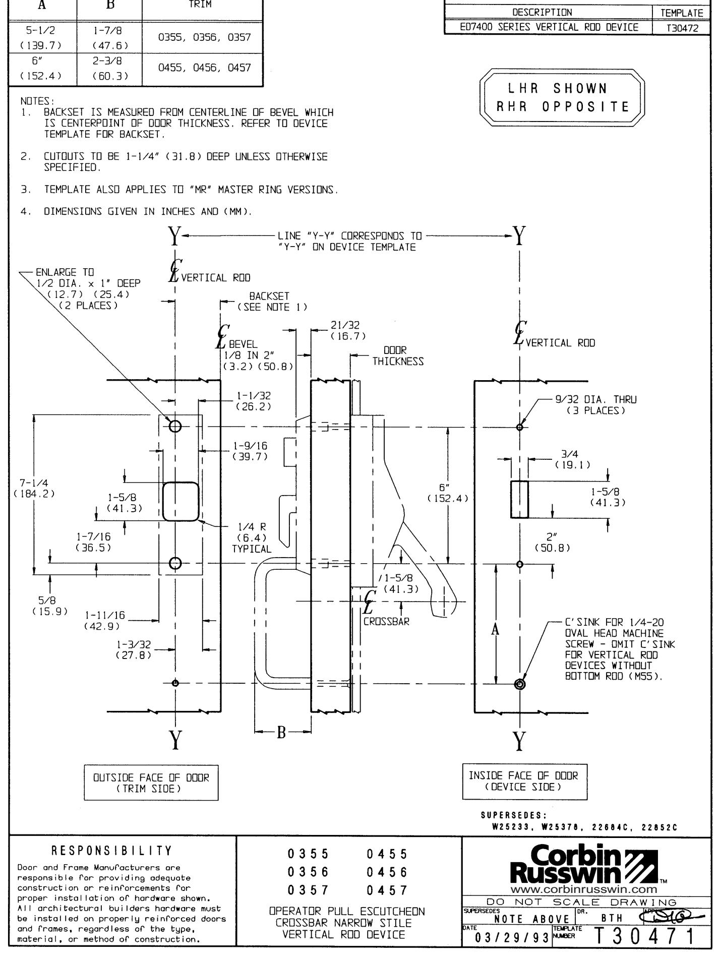 Corbin Russwin ED7400 Narrow Stile Vertical Rod 0355, 0356, 0357, 0455, 0456, 0457 Functions Operator Pull Escut…_T30471 diag
