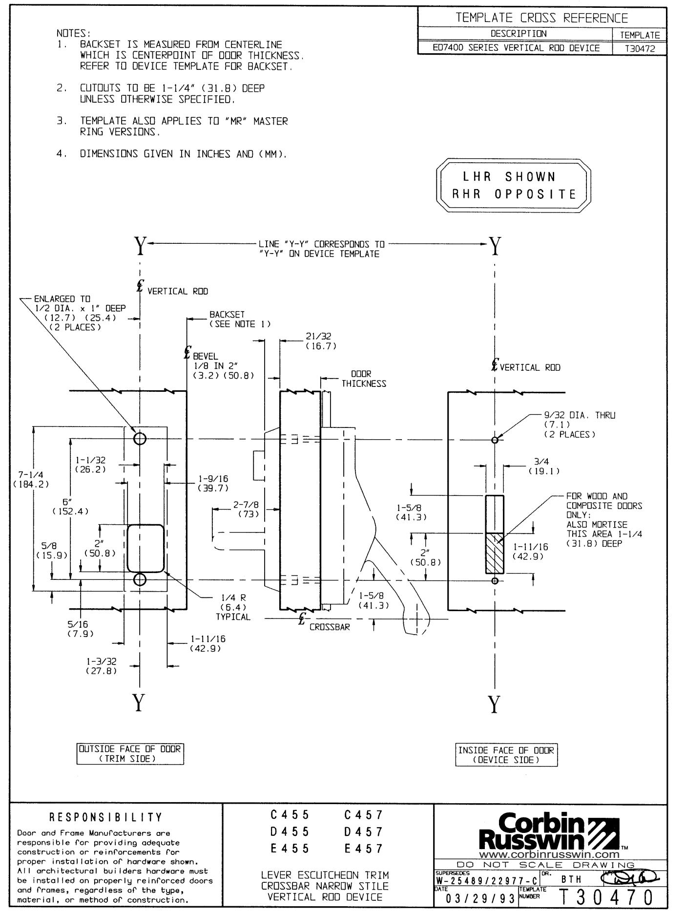Corbin Russwin ED7400 Narrow Stile Vertical Rod C455, D455, E455, C457, D457, E457 Functions Lever Escutcheon Tr…_T30470 diag