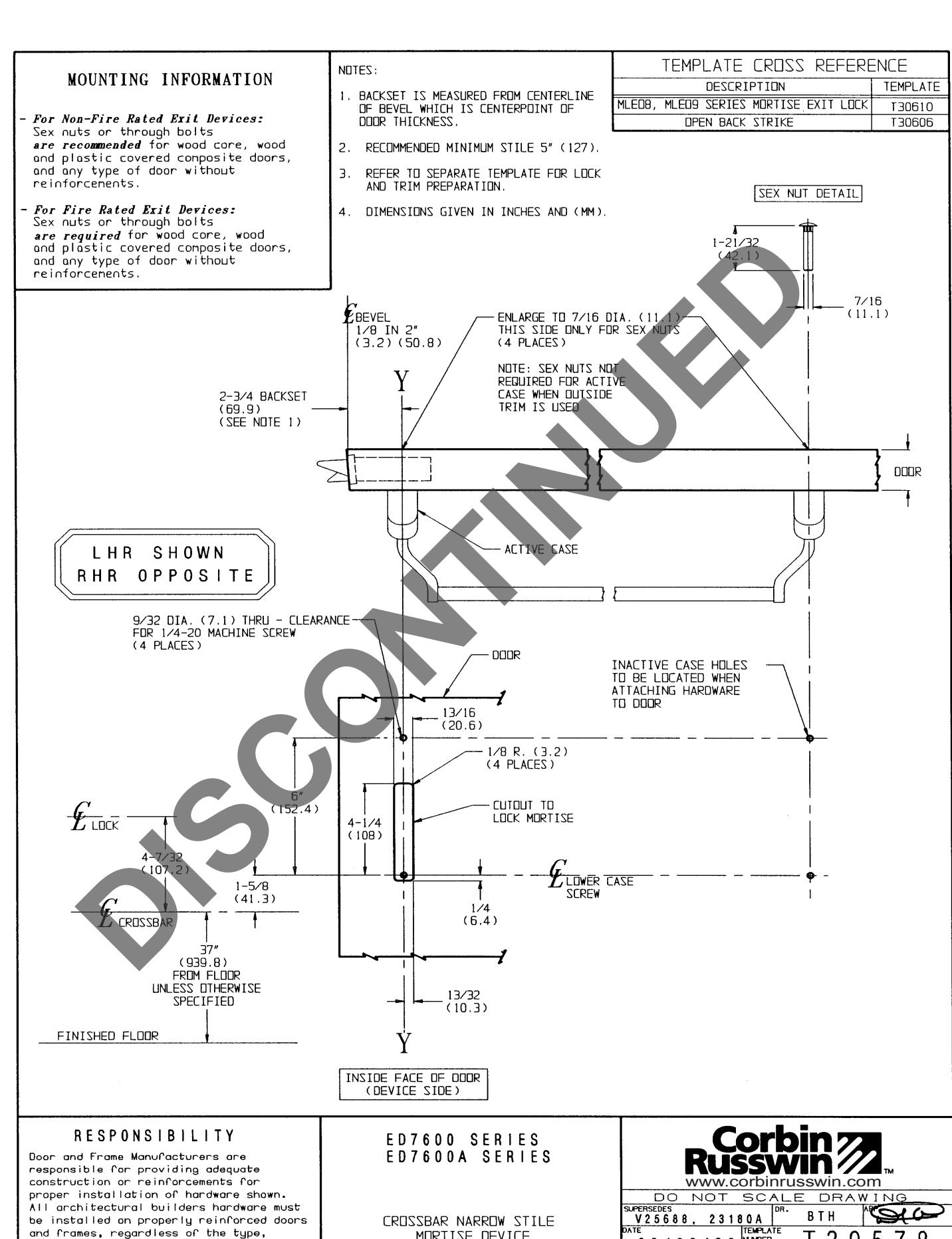 Corbin Russwin ED7600(A) Narrow Stile Mortise Template_T30578 diagram on page 1