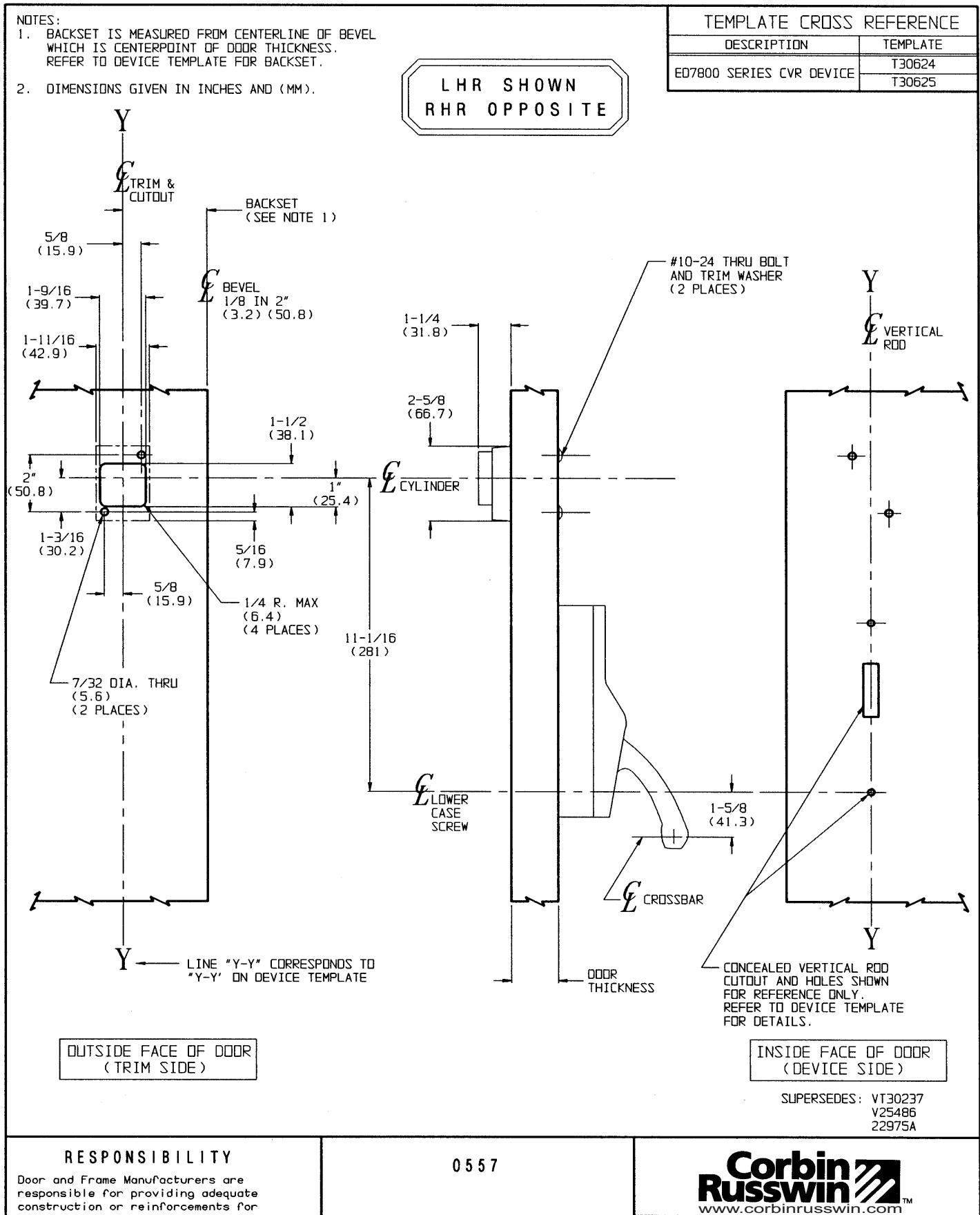 Corbin Russwin ED7800 Narrow Stile CVR 0557 Trim, Function Template_T30628 diagram on page 1