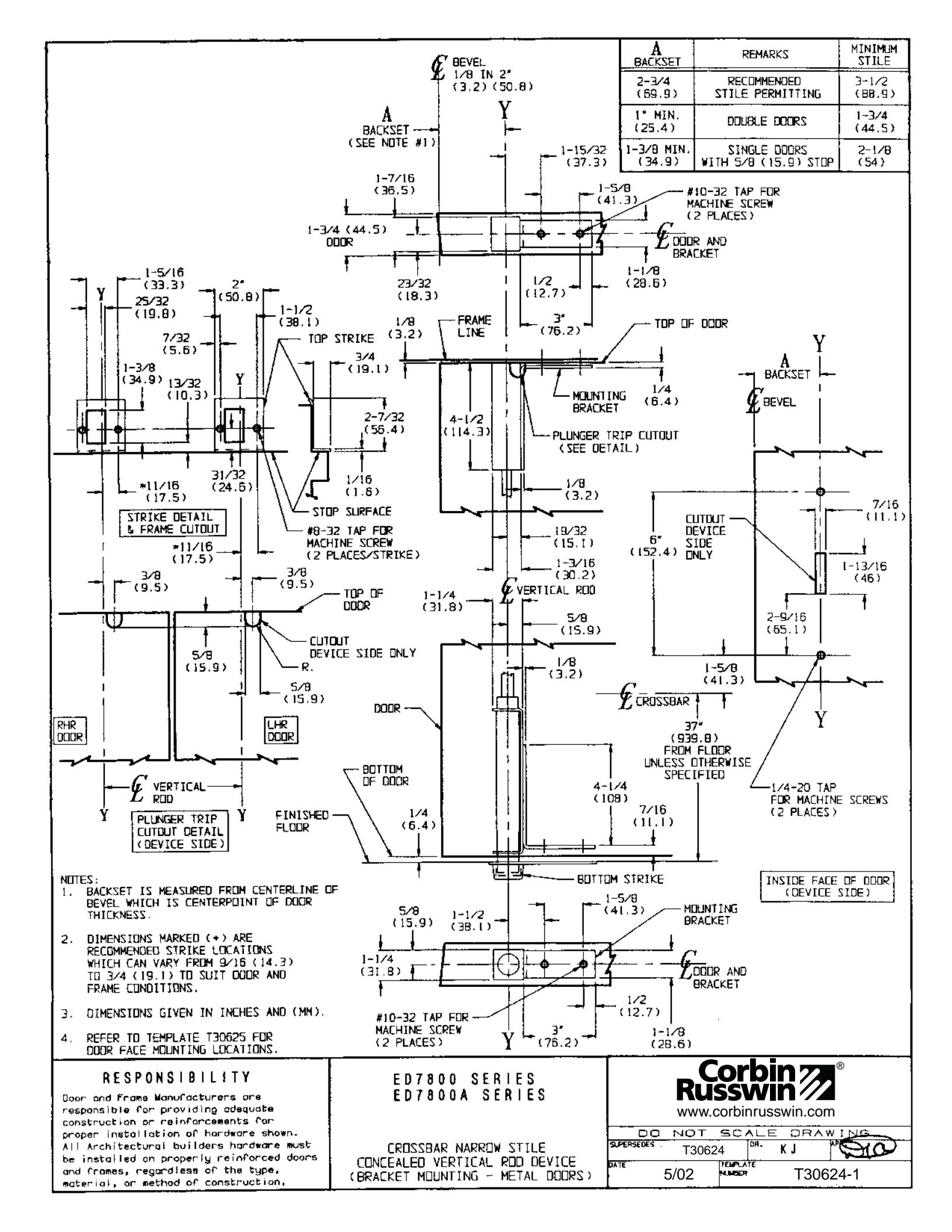 Corbin Russwin ED7800(A) Narrow Stile CVR Bracket Mounting Metal Doors Template_T30624 diagram on page 1