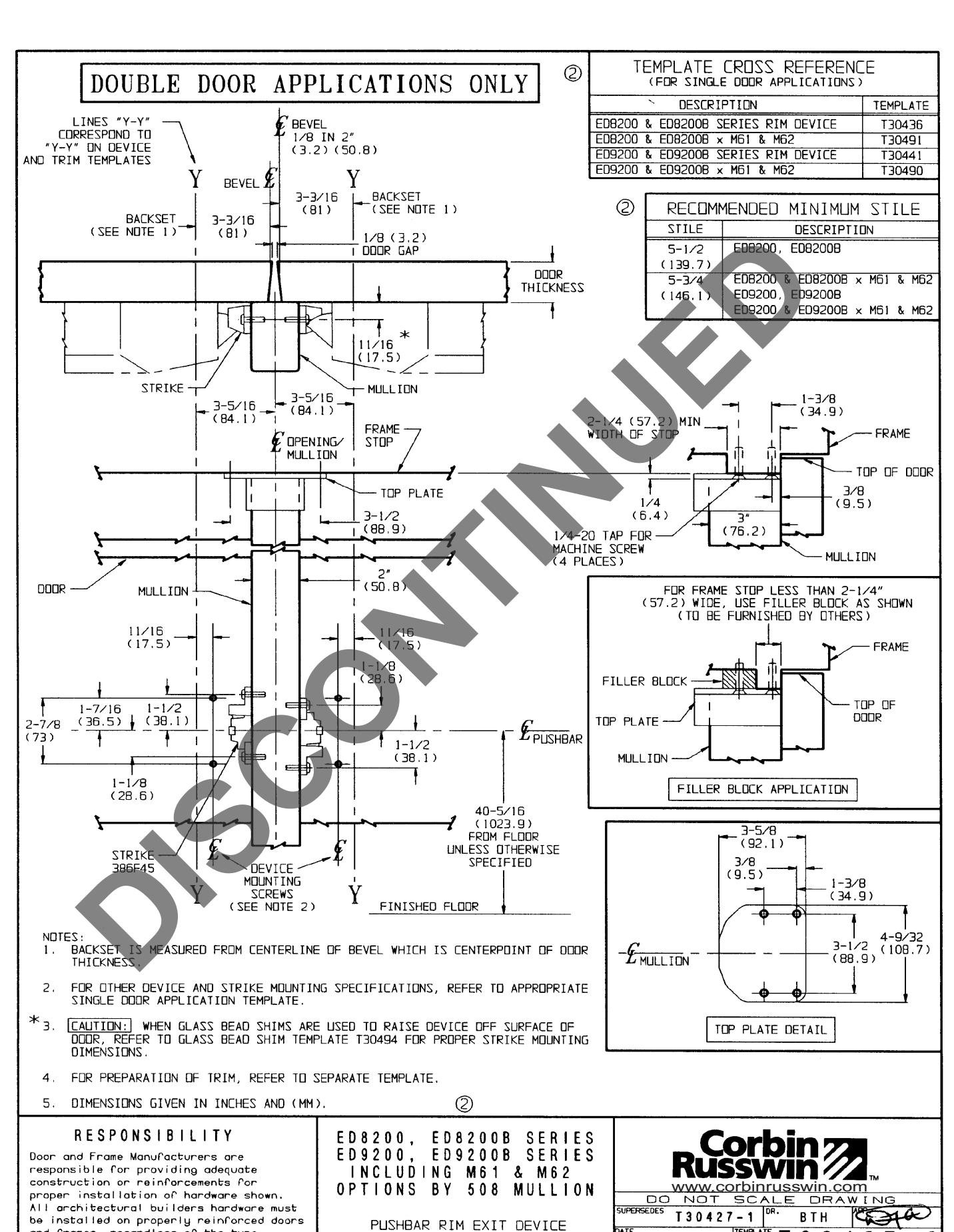 Corbin Russwin ED8200, ED8200B, ED9200, and ED9200B Series Mullions Template_T30427 diagram on page 1