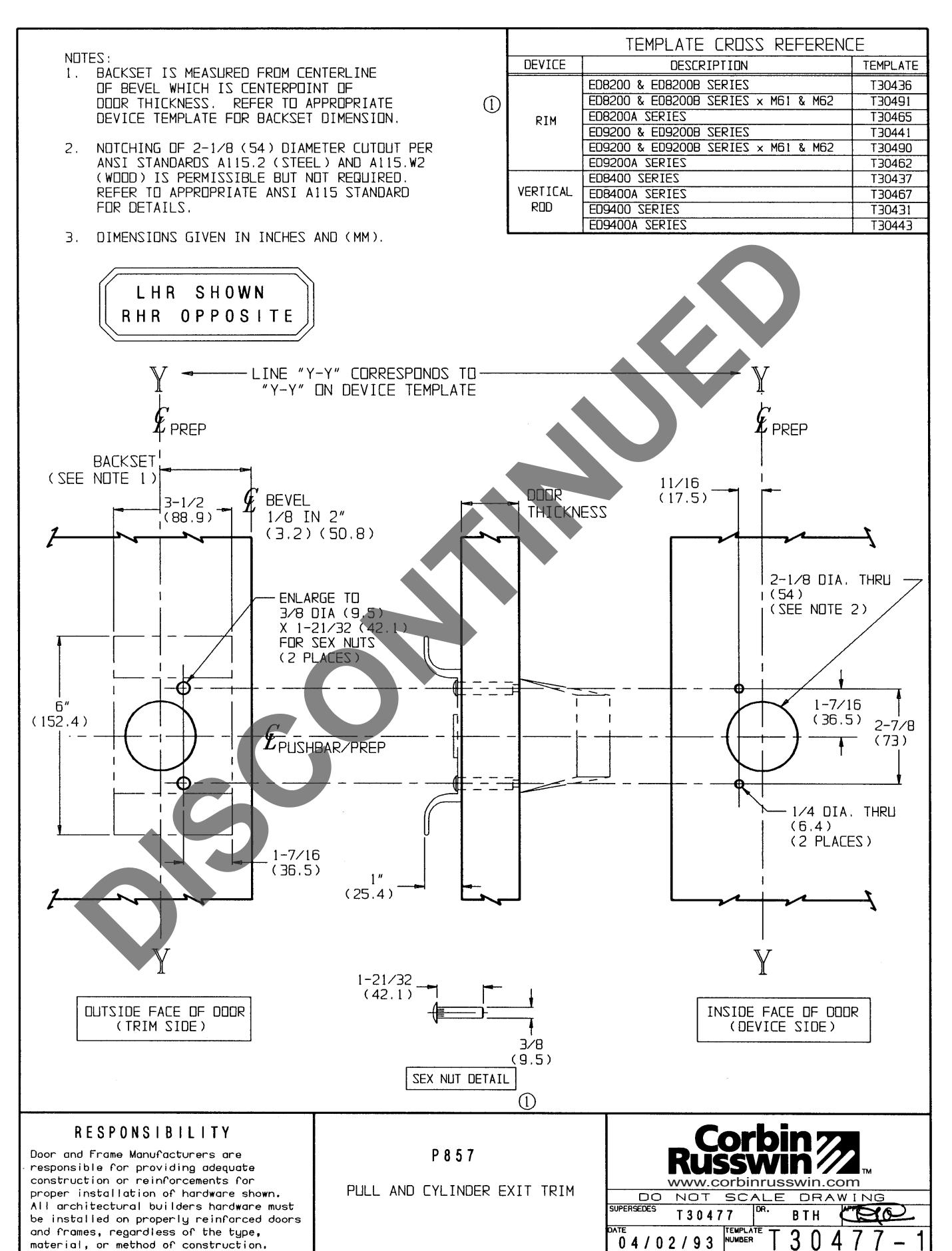 Corbin Russwin ED8200 and ED8400 P857 Trim, Function Template_T30477 diagram on page 1
